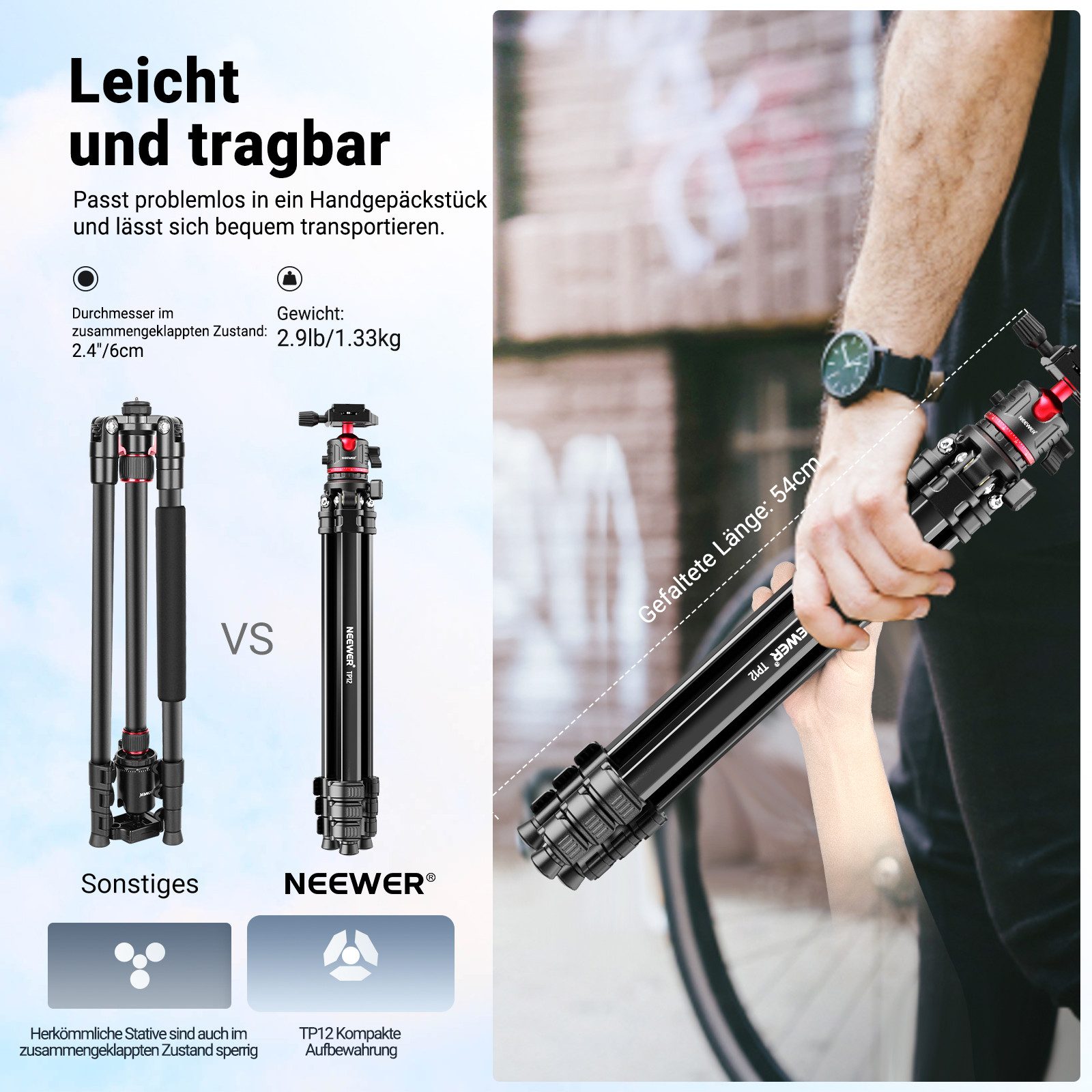Neewer TP12 169cm Reisestativ für Kamera, leichtes DSLR Stativ mit Kugelkopf Kamerastativ (Arca Typ Schnellwechselplatte, Handyhalterung kompatibel mit iPhone)