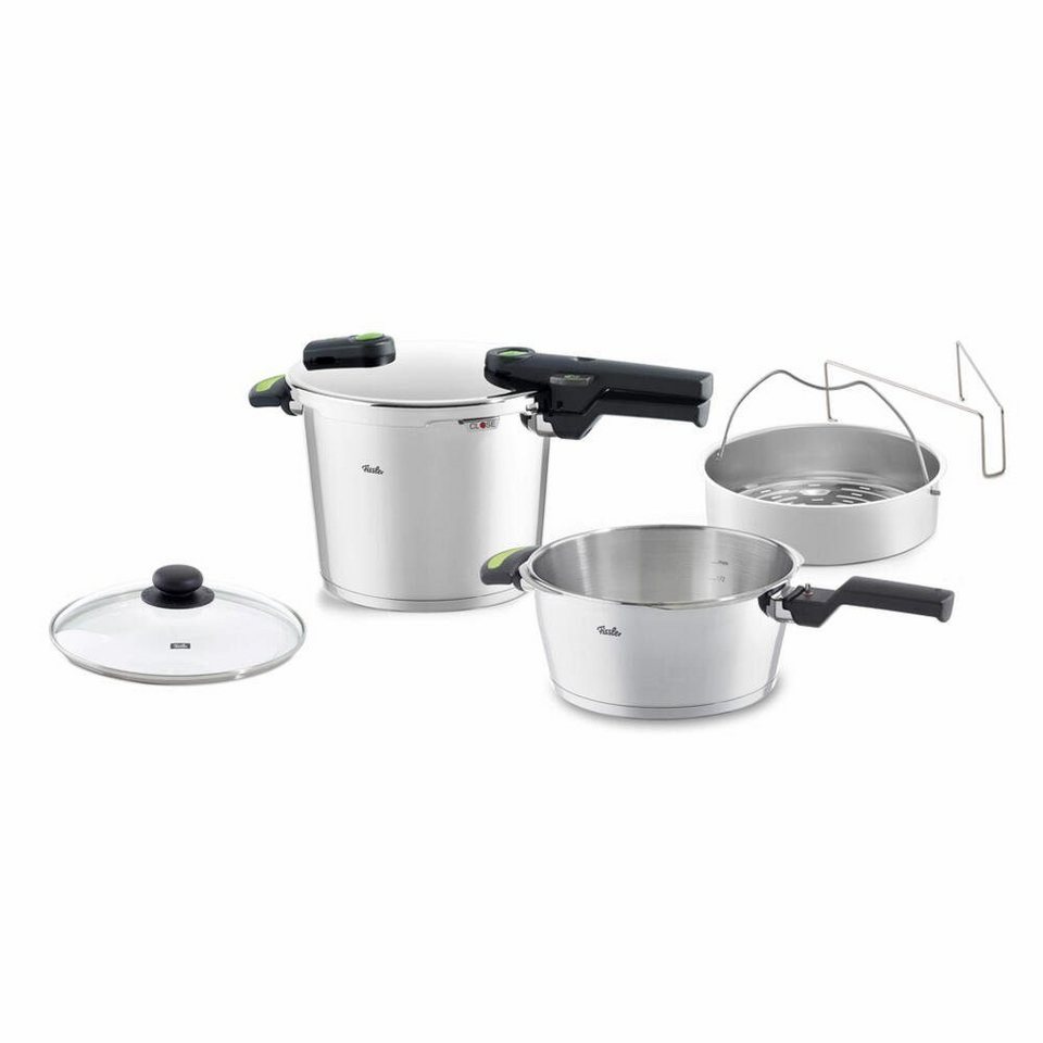 Fissler Schnellkochtopf vitaquick green 6 L Bundle, Edelstahl 18/10 (Set, 2- tlg), mit Pfanne und Glasdeckel, Induktionsgeeignet