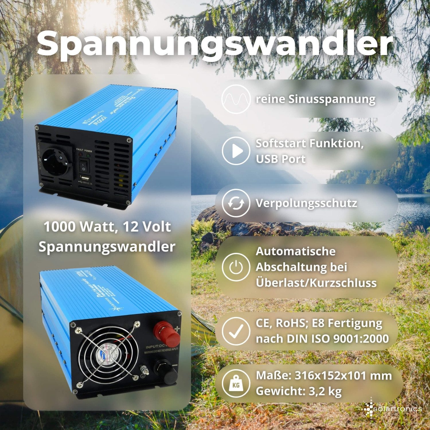 solartronics Solarmodul PV Anlage Komplettset: 120W Solarpanel, 1000W Inverter, 20A Laderegler, 120 W, Monokristallin, (FLi)