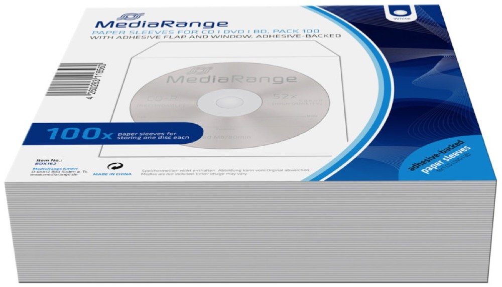 Mediarange CD-Hülle 100 mit Fenster mit Klebepunkt für je 1 BD / CD / DVD weiß