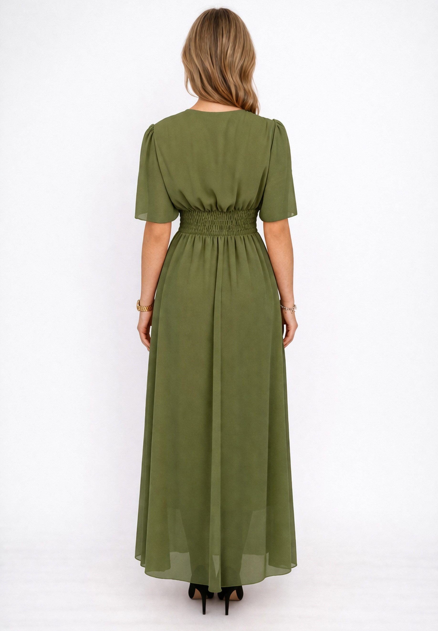 Elara Maxikleid Damen Maxikleid mit V-Ausschnitt, Flügelärmeln und gesmokter Taille (1-tlg)