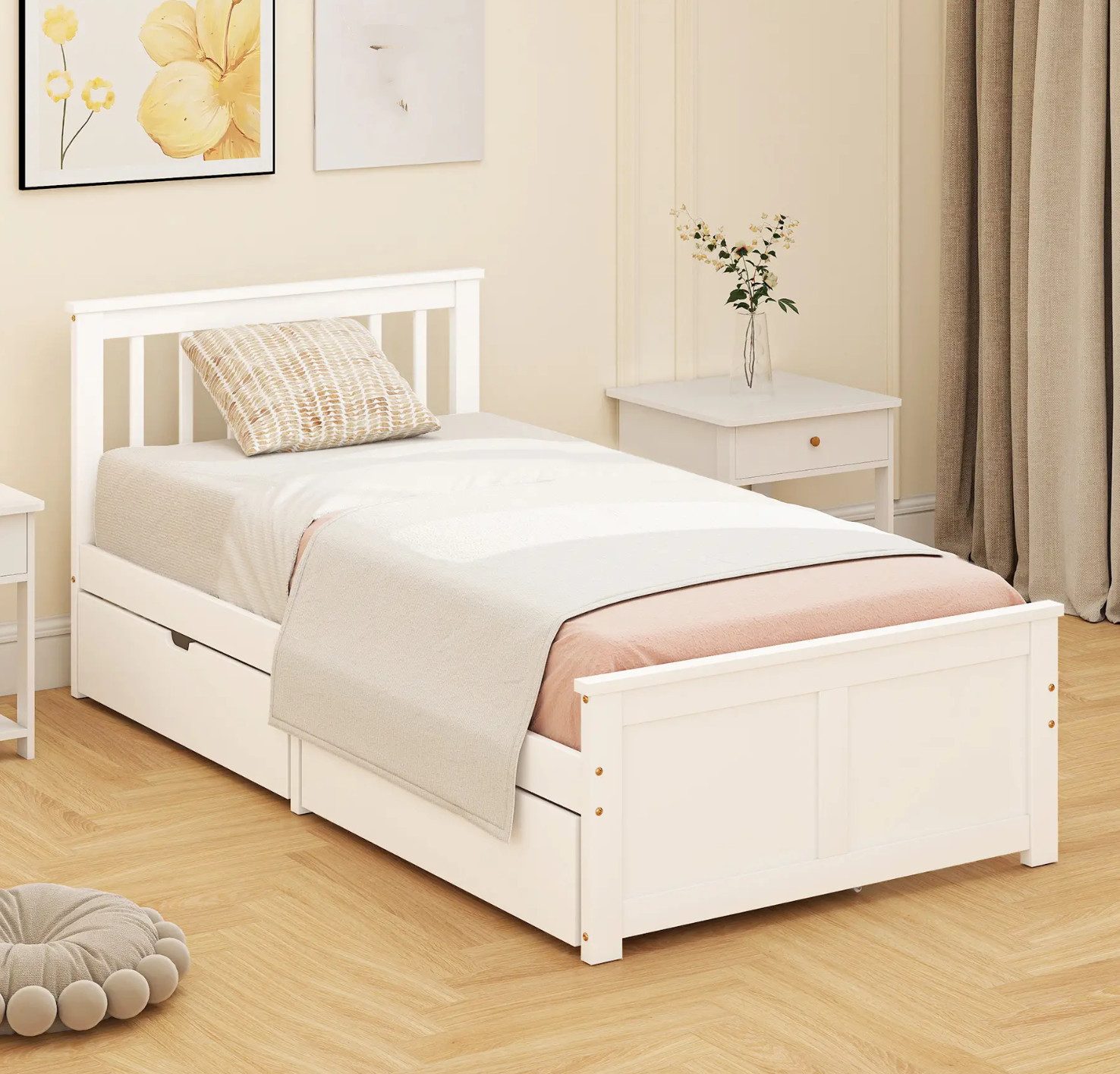 XDeer Einzelbett Einzelbettgestell,Bettrahmen aus Holz, Schubladen auf, Rädern, kein Lattenrost notwendig, 90 x 200 cm