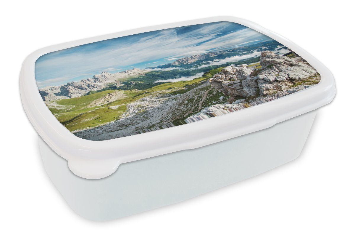 MuchoWow Lunchbox Alpen - Felsen - Gras, Kunststoff, (2-tlg), Brotbox für Kinder und Erwachsene, Brotdose, für Jungs und Mädchen weiß