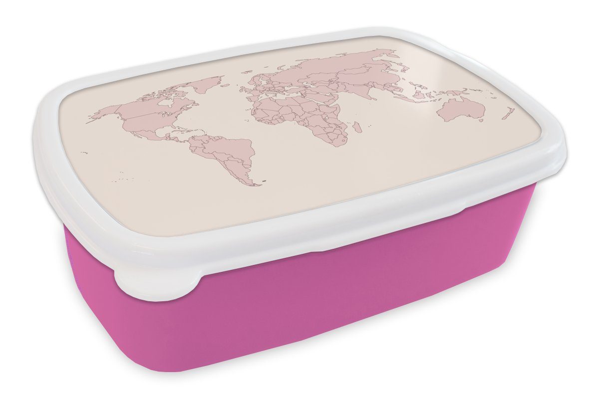 MuchoWow Lunchbox Weltkarte - Einfach - Rosa, Kunststoff, (2-tlg), Brotbox für Erwachsene, Brotdose Kinder, Snackbox, Mädchen, Kunststoff