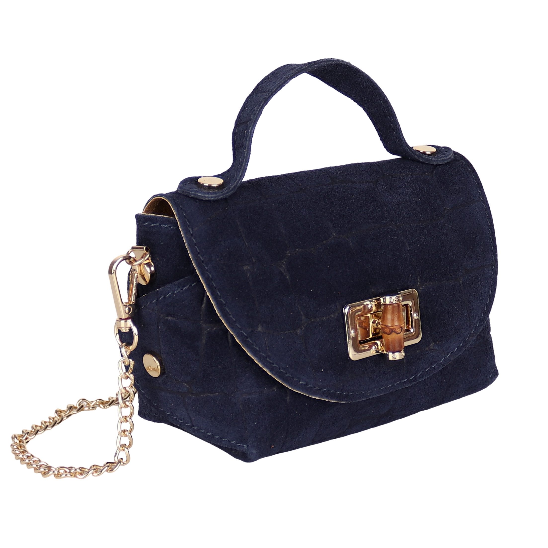 MIRROSI Henkeltasche Damen kleine Tasche aus Echtleder Schultertasche 16,50x10x8,50 cm, Mit goldfarbener Kette, ca. 125 cm lang