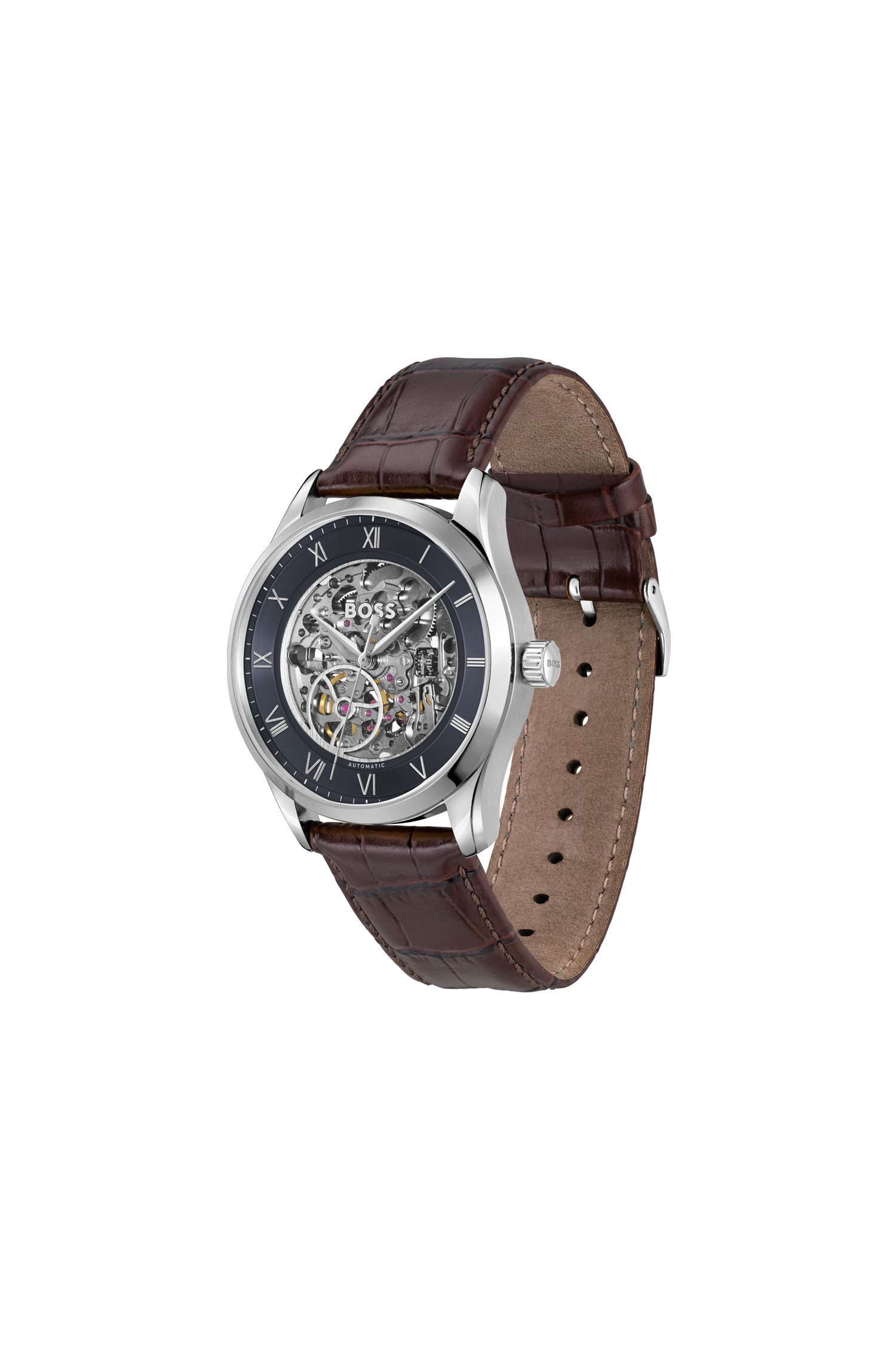 BOSS Automatikuhr PRINCIPLE SKELETON 1514305, Armbanduhr, Herrenuhr, Mechanische Uhr, Lederarmband, analog