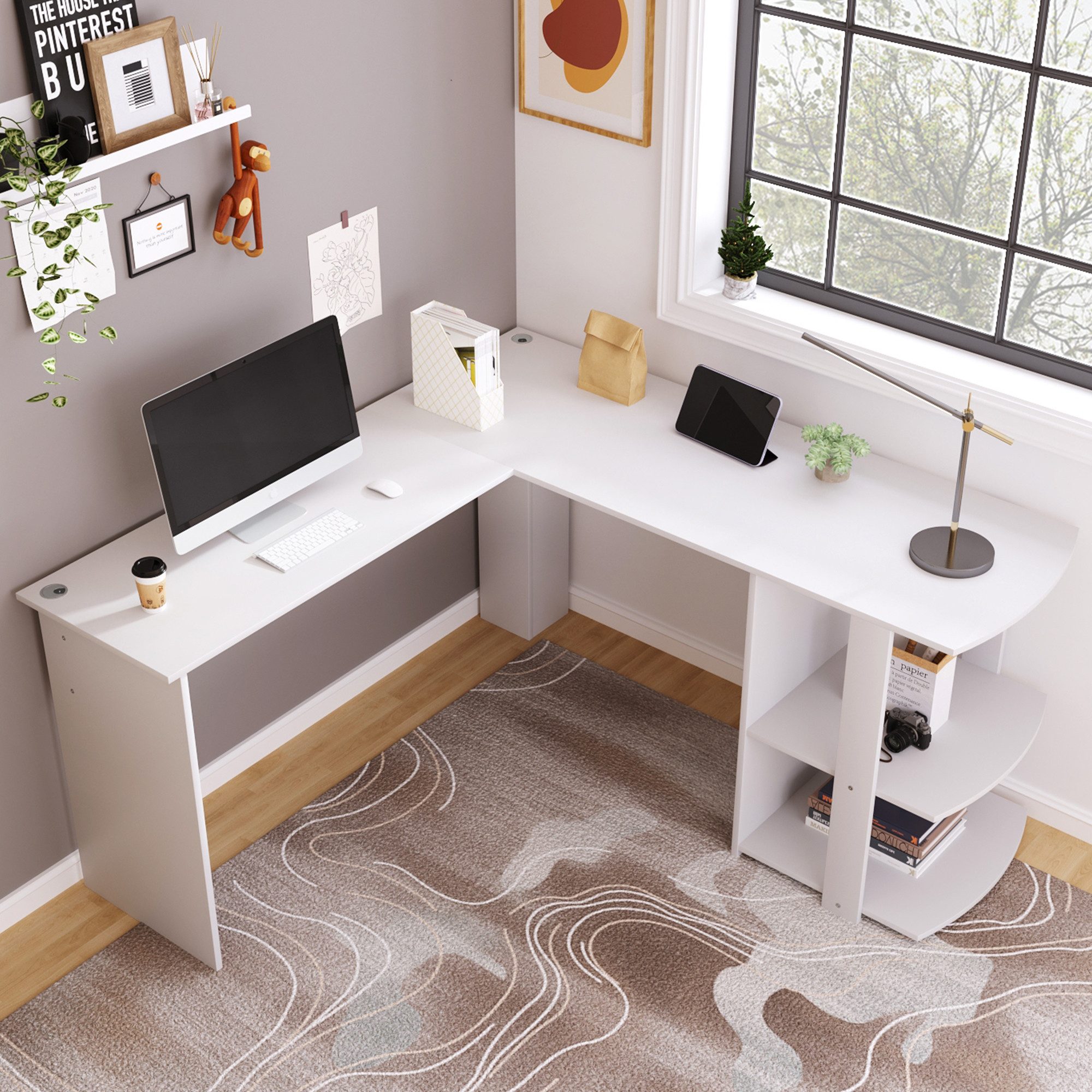 KLAM HOME Eckschreibtisch L-Förmiger Eckschreibtisch 140cm mit Ablagefach (Moderner Schreibtisch in Weiß mit Stauraum), Platzsparender Computertisch für Homeoffice