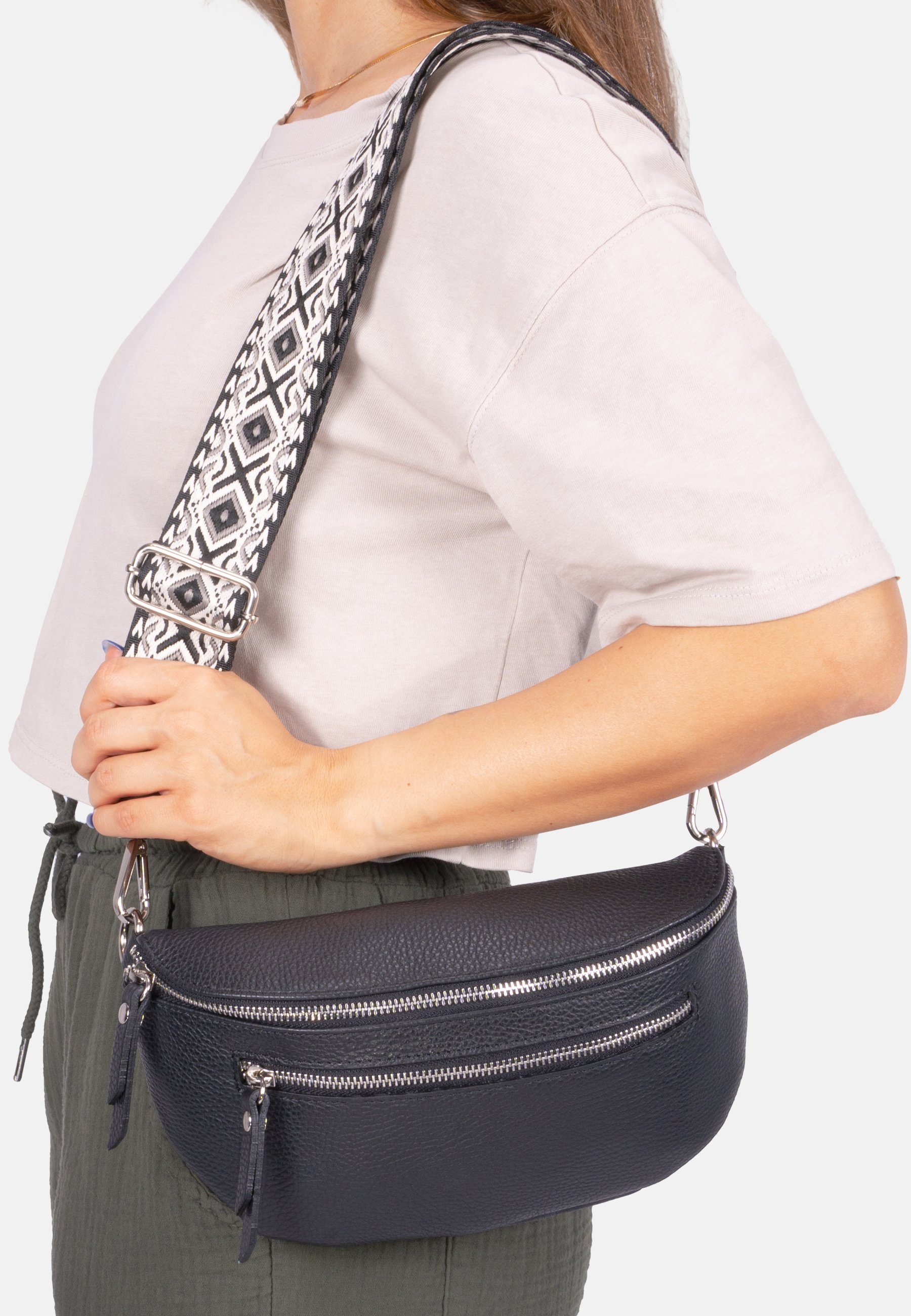 Mittelgroße Schwarz breitem und Seasons of Bag Crossbody Gurt Leder aus Zipper Umhängetasche 100% April 2 mit Pia, Umhängetasche