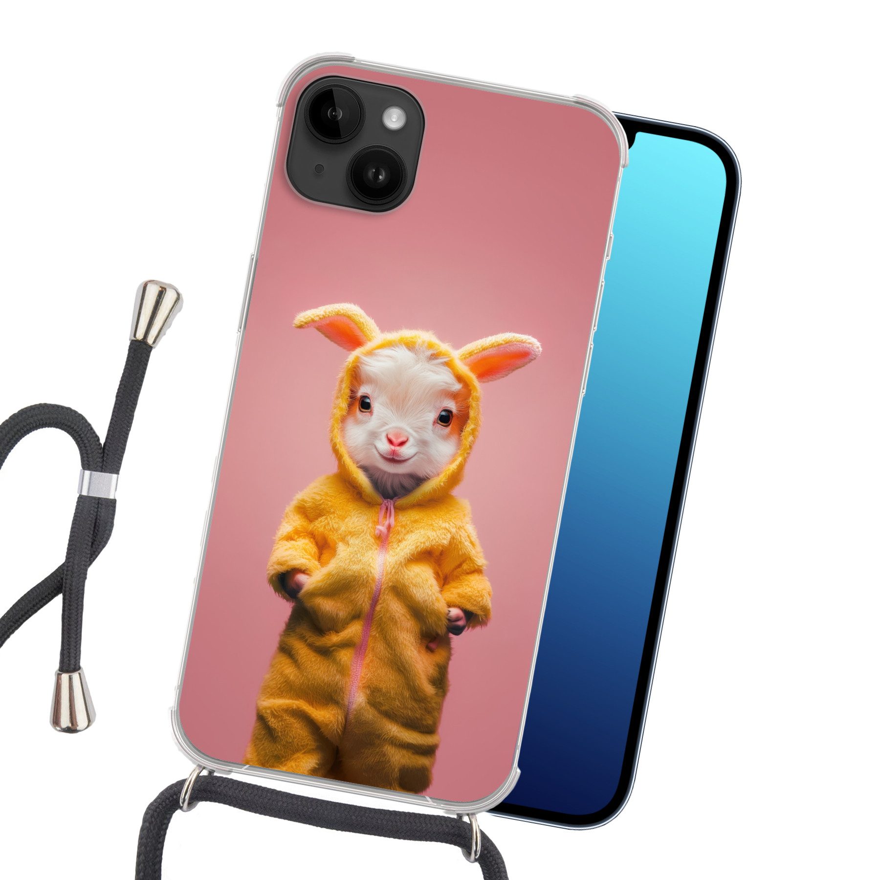 MuchoWow Handyhülle für Apple iPhone 14 Max Kostüm - Ziege - Osterhase, Tragbare Handyhüllen mit Kette zum umhängen, Handykette Handyband