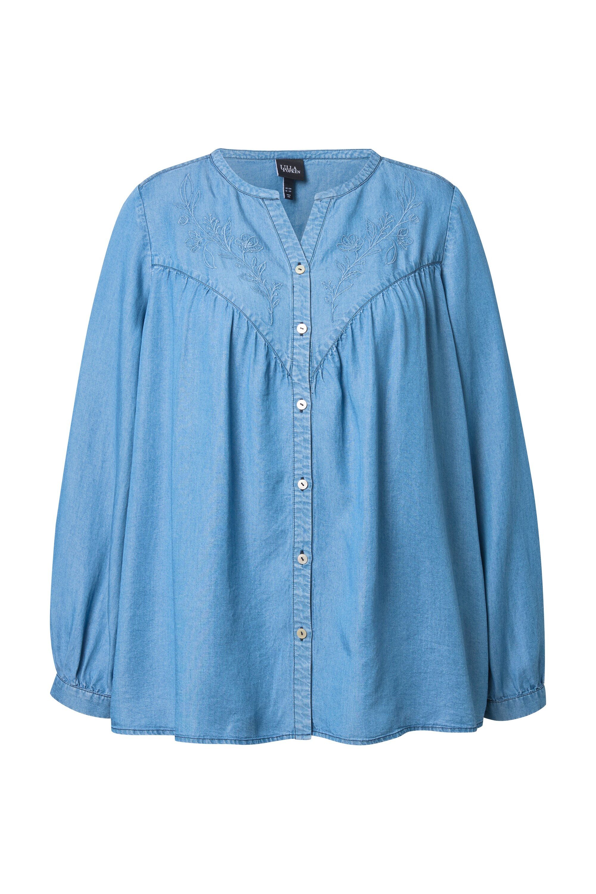 Ulla Popken Tunika Jeansbluse Stickerei A-Linie V-Ausschnitt Langarm günstig online kaufen