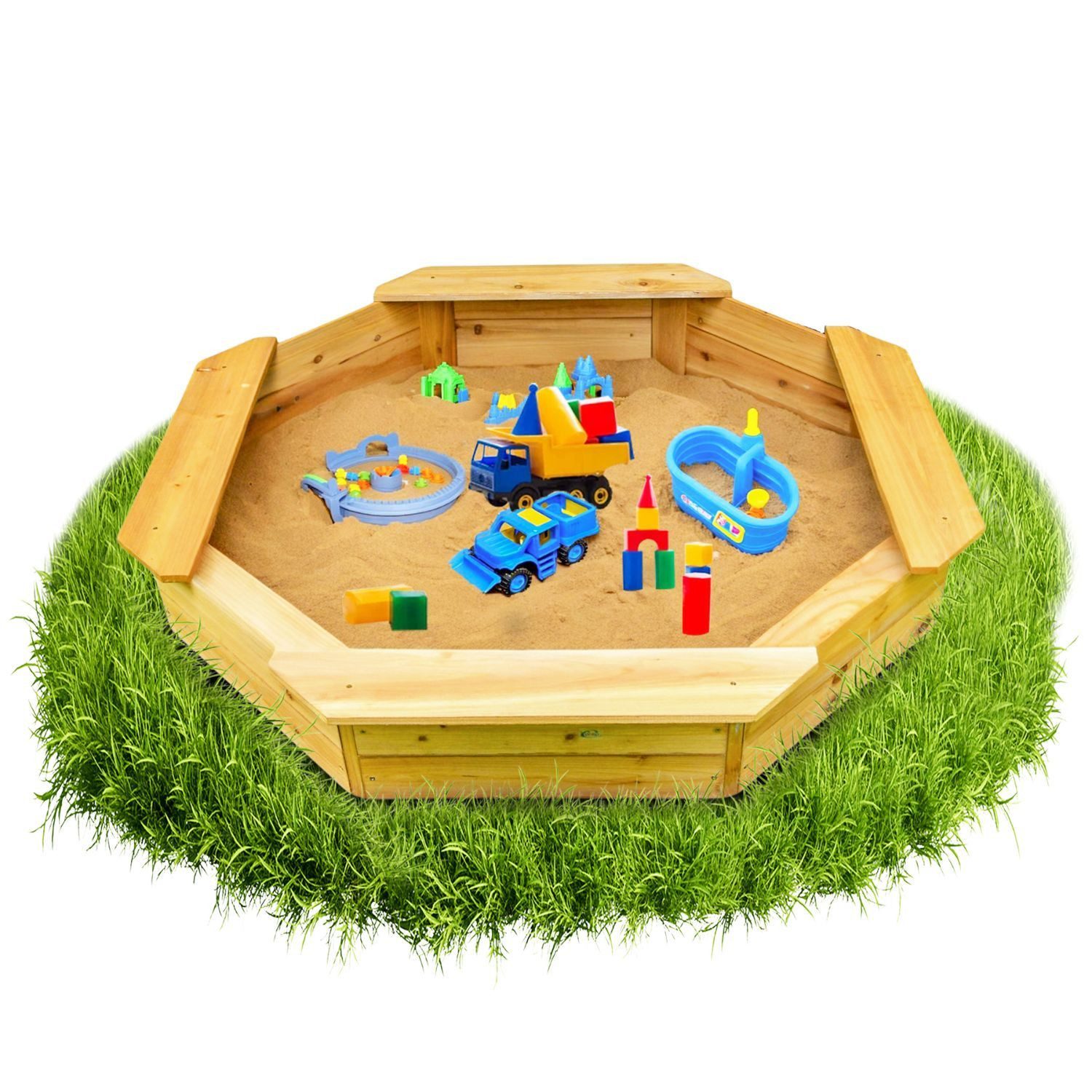 Coemo Sandkasten, Sally 6-eckiger Buddelkasten 135x135x20 cm Holz Sandbox 4 Sitzbretter