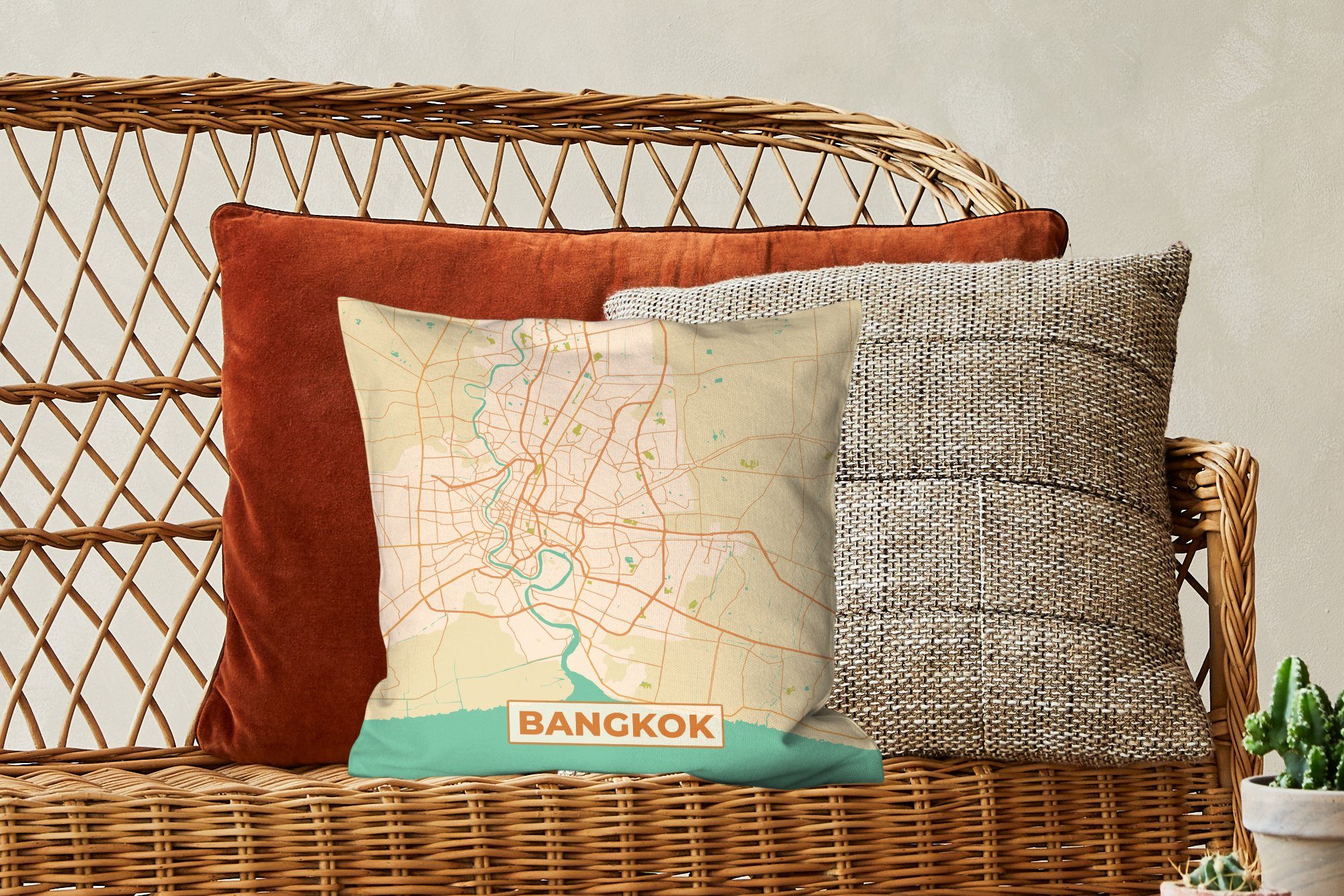 - Sofakissen Bangkok - Vintage - Karte Schlafzimmer, für Zierkissen Stadtplan, Füllung mit Dekokissen Deko, Wohzimmer, MuchoWow