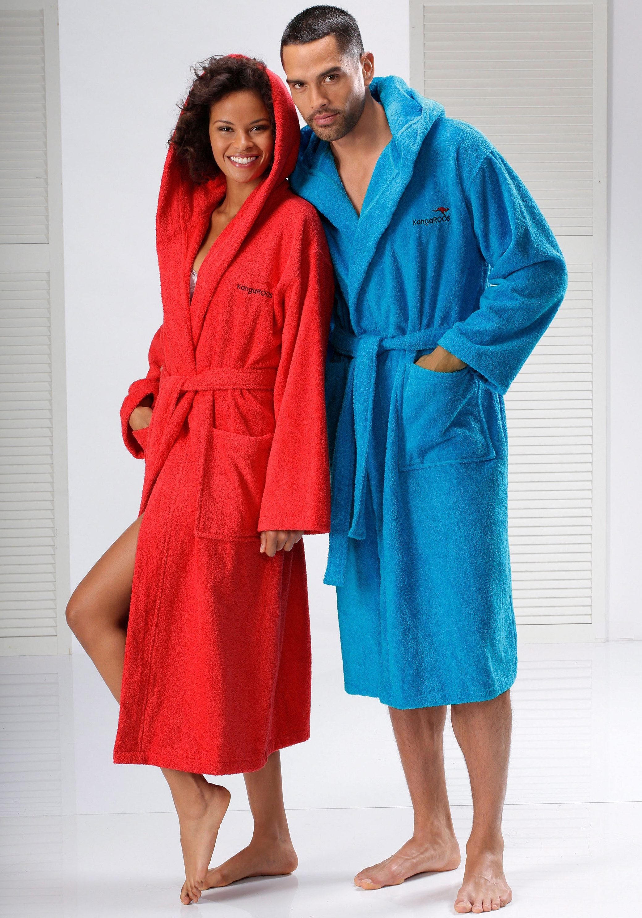 KangaROOS Unisex-Bademantel Cassidy, für Damen & Herren, Standardlänge & Überlänge, Langform, Walkfrottee, Kapuze, Gürtel, mit Taschen, Männer und Frauen, Baumwolle, Reise, Hotel, Sauna, S-3XL