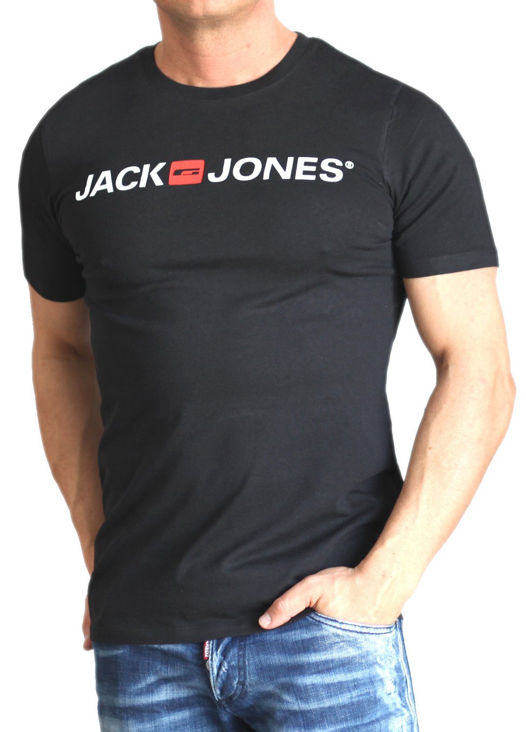 Jack & Jones T-Shirt Slim 3er-Pack) aus mit (Spar-Set, 14 Printdruck, Mix Baumwolle