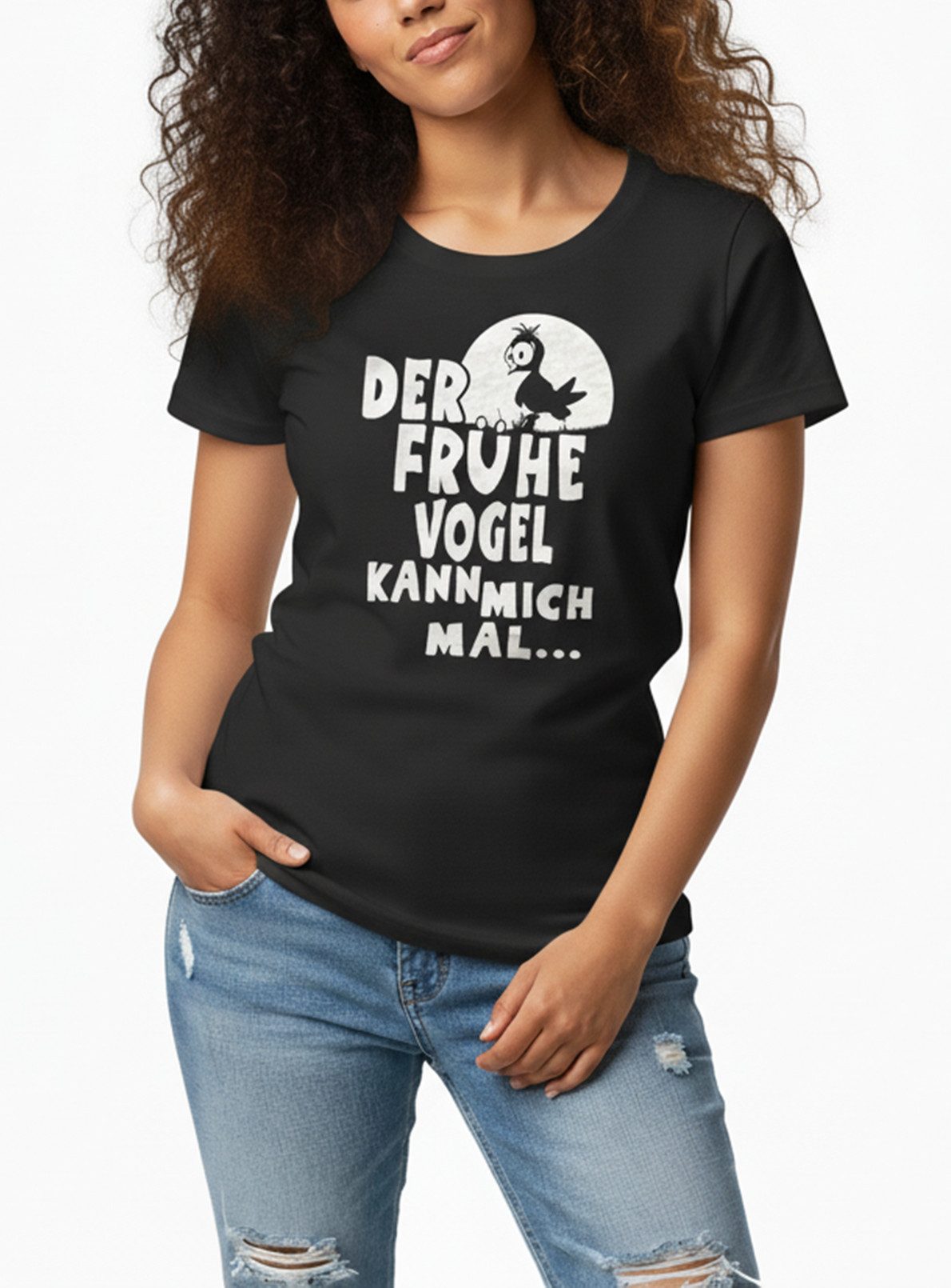 MAKAYA T-Shirt Damen Sprüche Top Der Frühe Vogel Print Motiv Frauen Oberteile