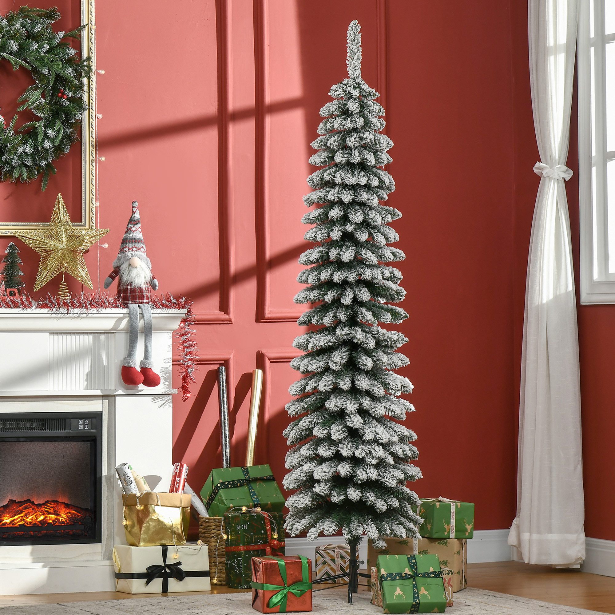HOMCOM Künstlicher Weihnachtsbaum 180 cm, künstlich, Christbaum, Weihnachtsdeko, für drinnen, Tannenbaum, mit 395 Spitzen, Schnee, Zapfen und klappbar Metallständer, Grün+Weiß