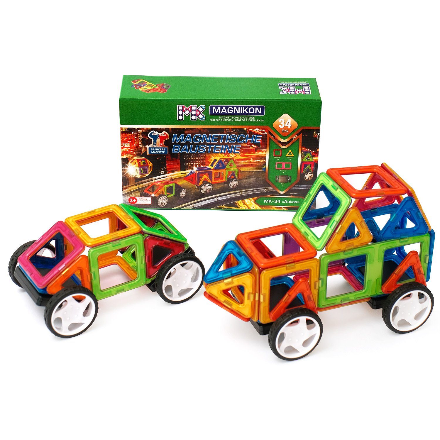 MAGNIKON Magnetspiel Bauklötze MK-34 “Das Auto” mit Rädern, 34 Teile Magnetspielbausteine, (Magnetische Bausteine, 34 St., verstärkte Magnete), robuster Kunststof