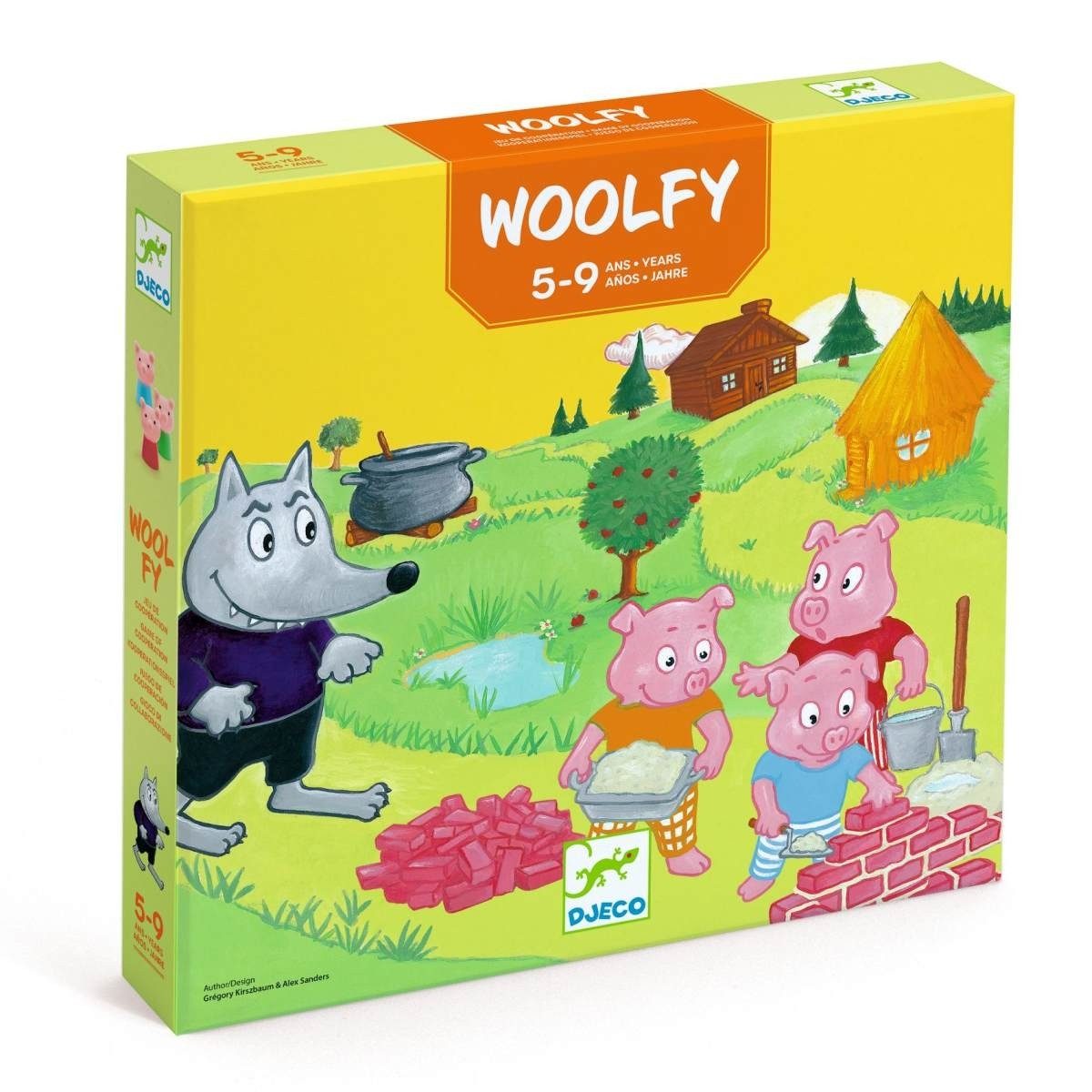 DJECO Spiel Woolfy Kooperationsspiel rund um die drei kleinen Schweinchen, Woolfy