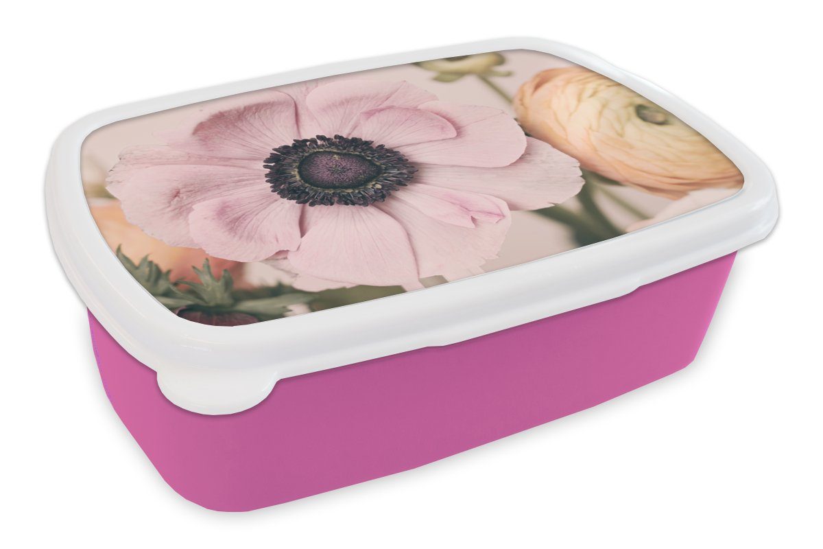 MuchoWow Lunchbox Blumen - Natur - Pflanzen, Kunststoff, (2-tlg), Brotbox für Erwachsene, Brotdose Kinder, Snackbox, Mädchen, Kunststoff rosa