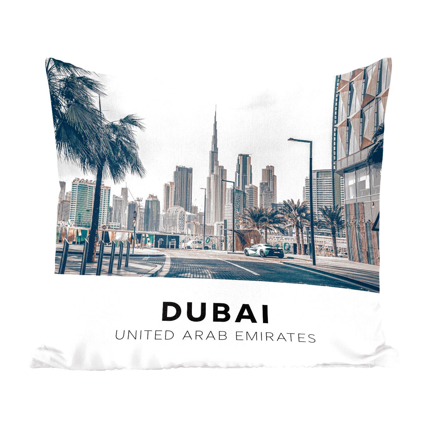 MuchoWow Dekokissen Dubai - Straße - Skyline, Zierkissen mit Füllung für Wohzimmer, Schlafzimmer, Deko, Sofakissen | Dekokissen