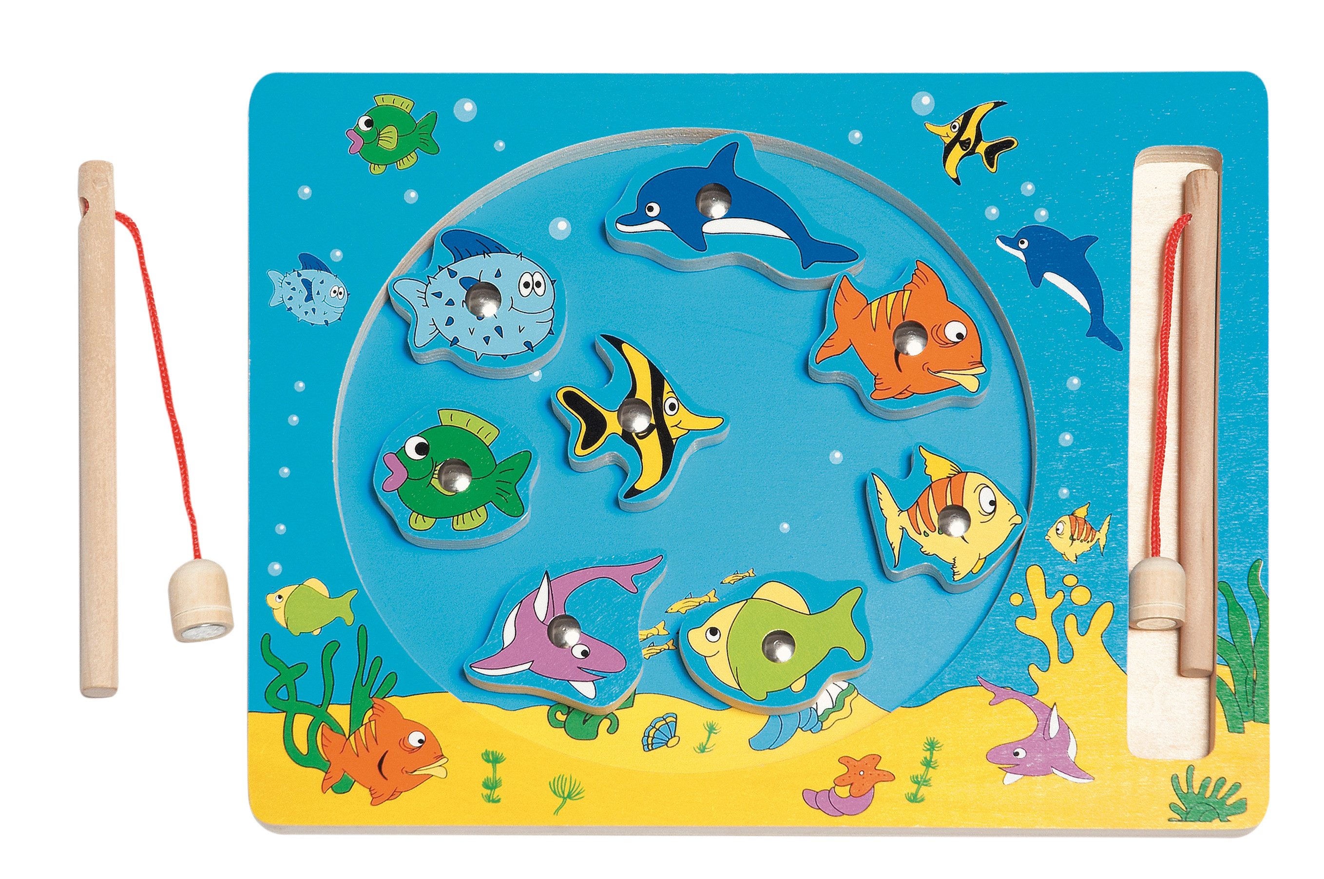 Woodyland Lernspielzeug 90026 Holzspielzeug - magnetisches Angelspiel "Sea Life". Magnetspiel, 11 teiliges Set. Das Spielbrett ist farbenfroh wie ein Teich gestaltet