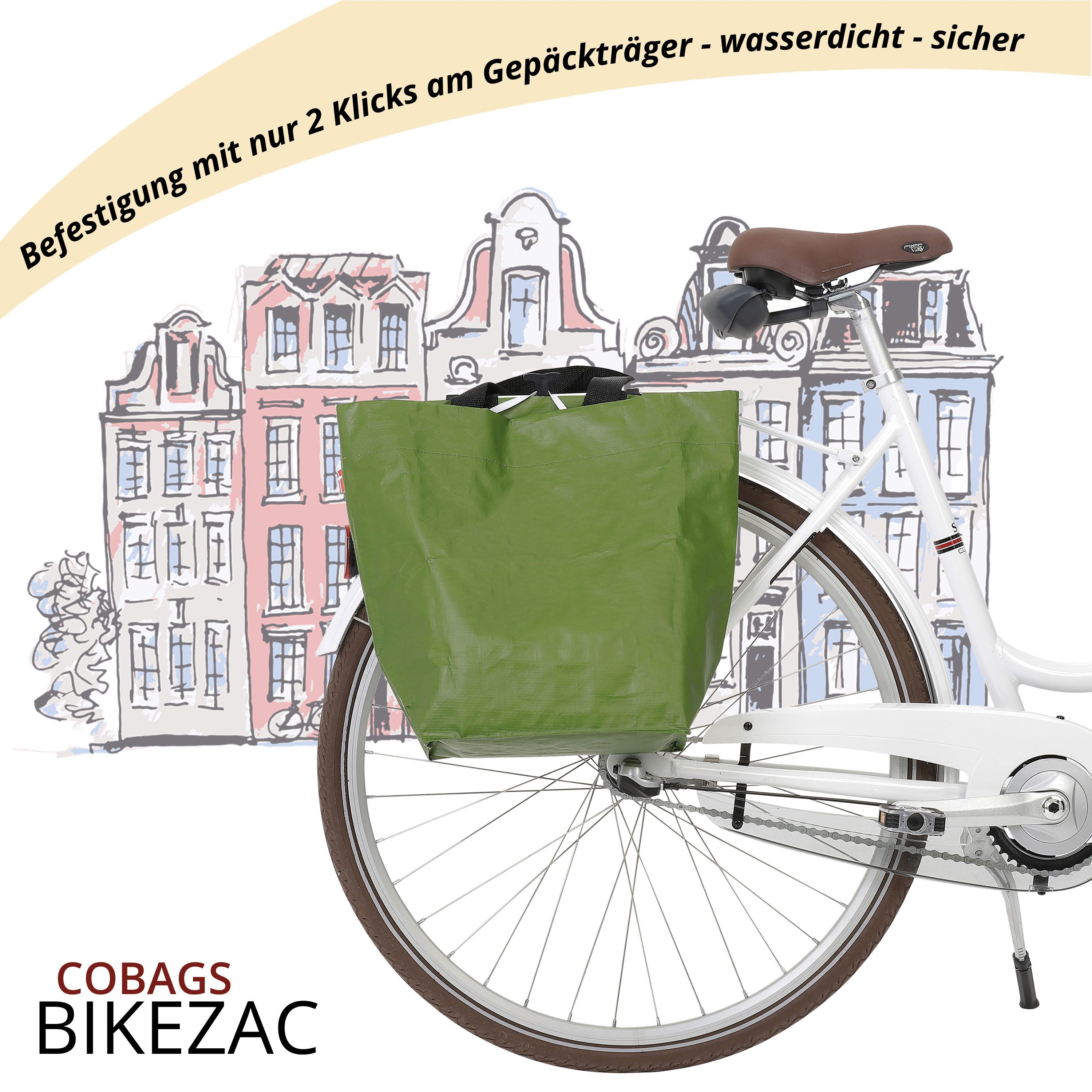 BIKEZAC Shopper Fahrrad Shopper Simply Green Clip-On Tragetasche für den Gepäckträger (Wiederverwendbarer Fahrradbeutel mit Klickverschluss & viel Stauraum, Fahrradeinkaufstasche wasserdicht Gepäckträger Einkaufswagen)