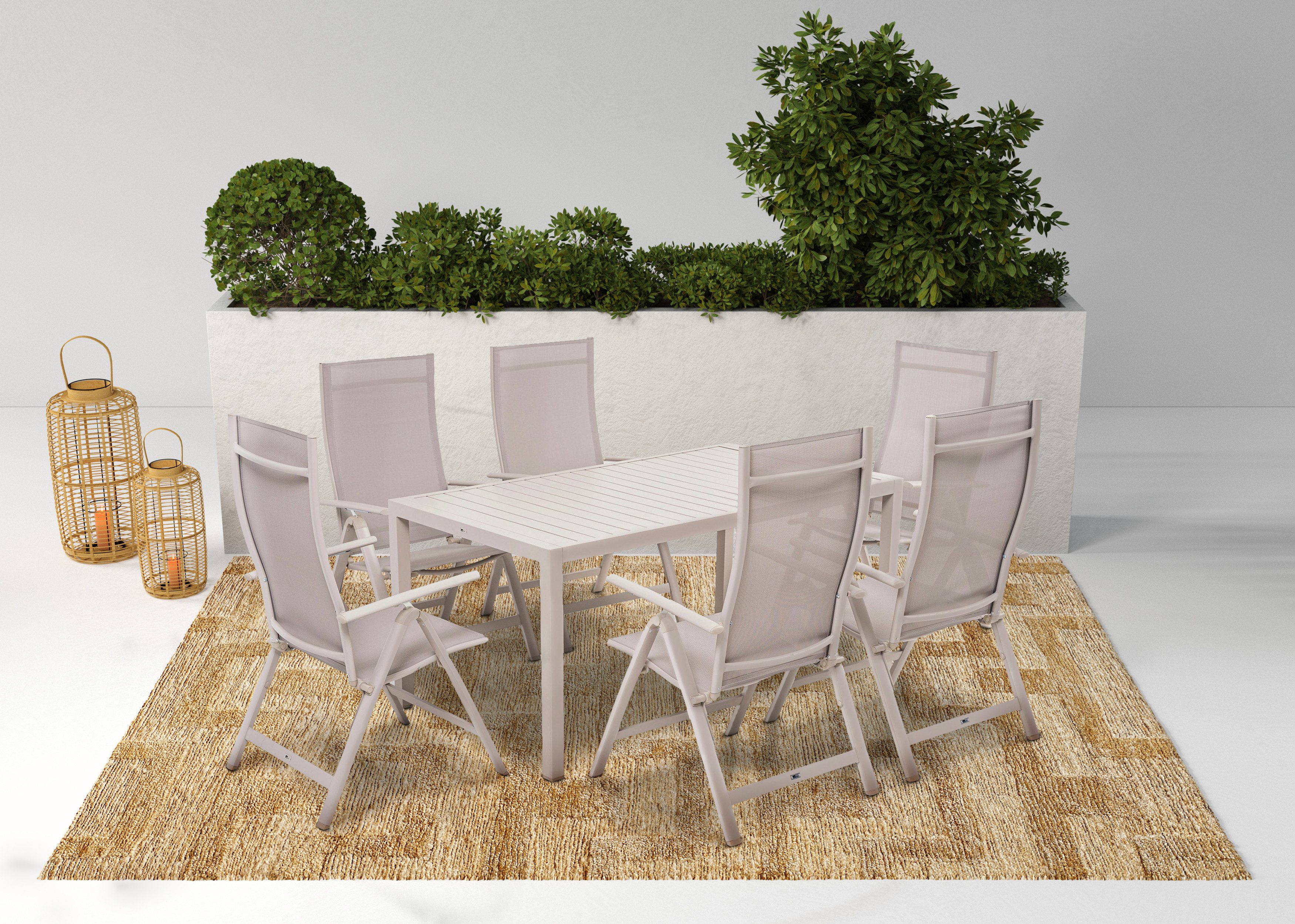 KONIFERA Garten-Essgruppe Messina, (Set, 7-tlg., 6x Кресла, 1x Tisch 160x90x74 cm, Aluminium, Textilgewebe), klappbar, 7-fach verstellbare Rückenlehne, Tischplatte aus Alulatten