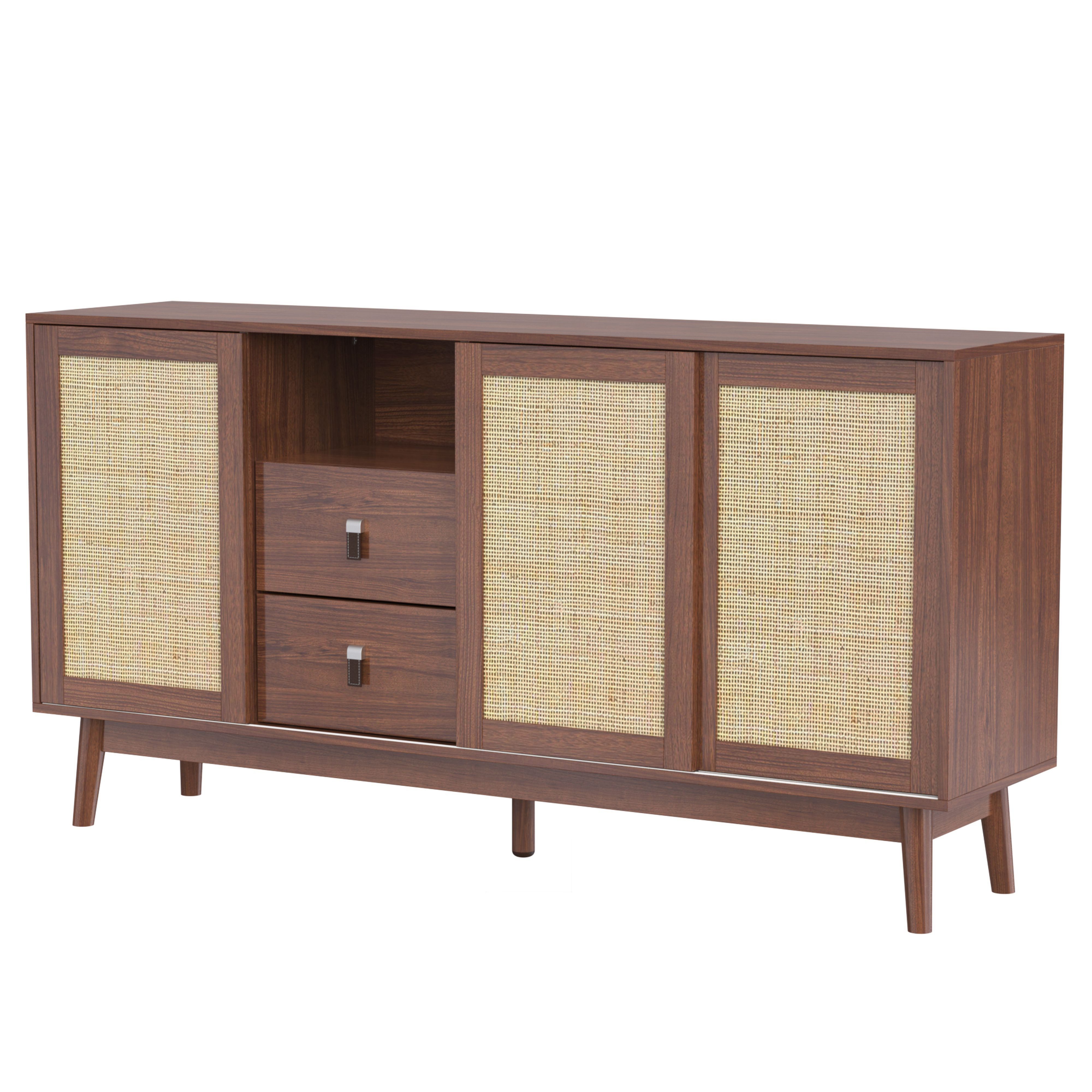 BlingBin Sideboard Kommode (1 St., mit 3 Schiebetüren aus echtem Rattan und 2 Schubladen), 155x38x80 cm, atmungsaktiv, stabil und vielseitig