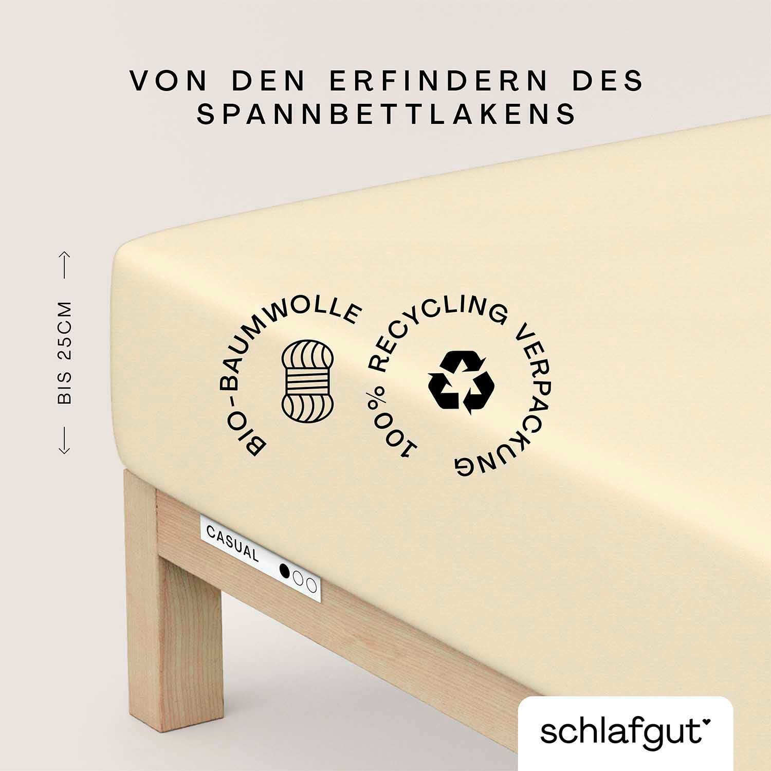 Schlafgut Spannbettlaken CASUAL Bettlaken 100% gekämmte Bio-Baumwolle, 150 g/m², Spannbetttuch, Jersey, Gummizug: rundum, (1 Stück), Bettlaken bis 25 cm Höhe, langlebig, weich, Antipilling-Ausrüstung