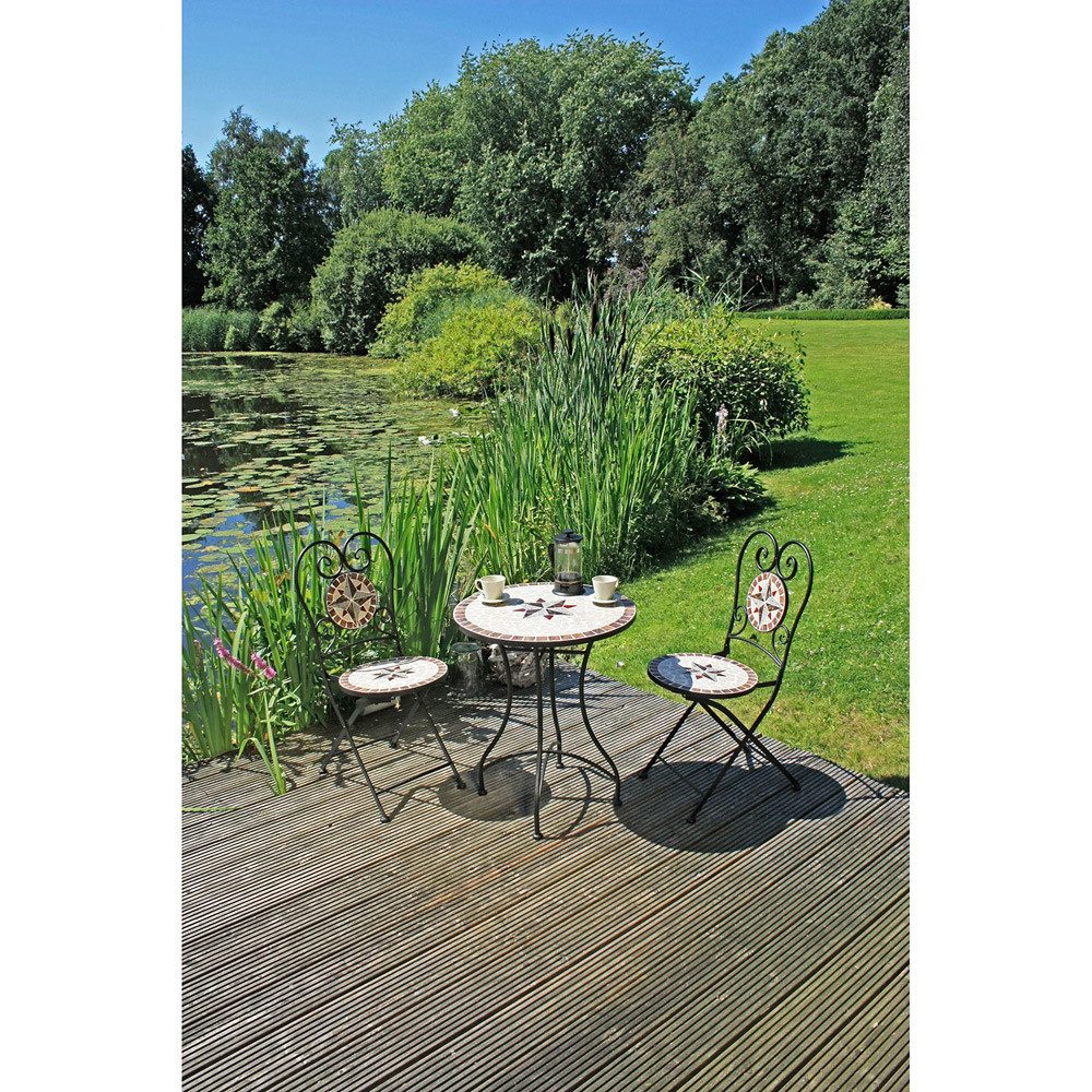 Lomadox Garten-Essgruppe GARDA-120, (3-tlg), Gartenmöbel Set mit Mosaik, 2 Stühle, 1 Tisch ca. 60cm