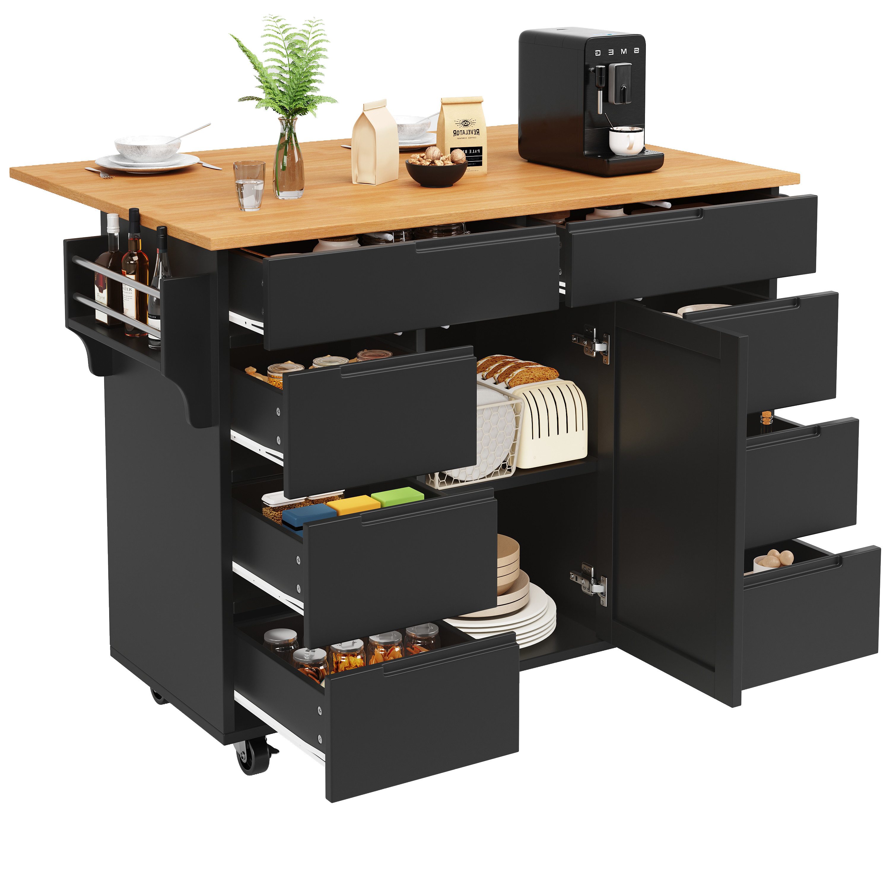 i@home Küchenwagen Kücheninsel, Küchenschrank, mit Rollen und klappbarem Arbeitsplatte, 8 Schubladen, Schwarz/Weiß