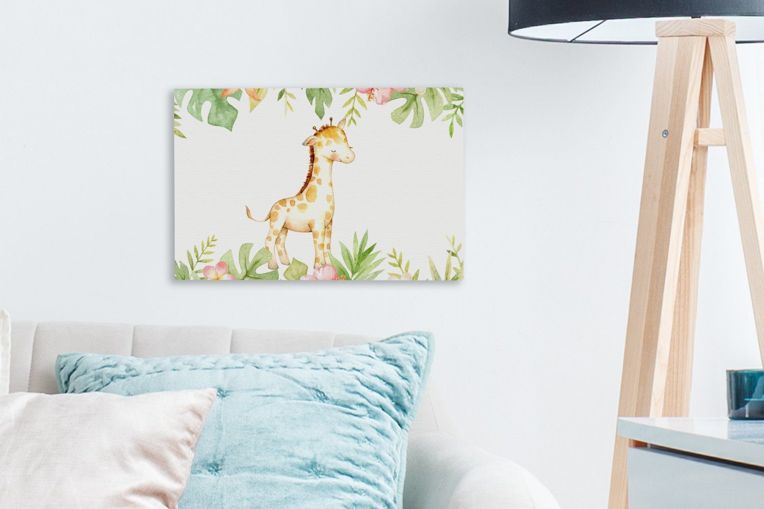 Aquarell, Wanddeko, Dschungel (1 St), Wandbild Leinwandbilder, Giraffe Blumen OneMillionCanvasses® Leinwandbild - Aufhängefertig, - - 30x20 cm