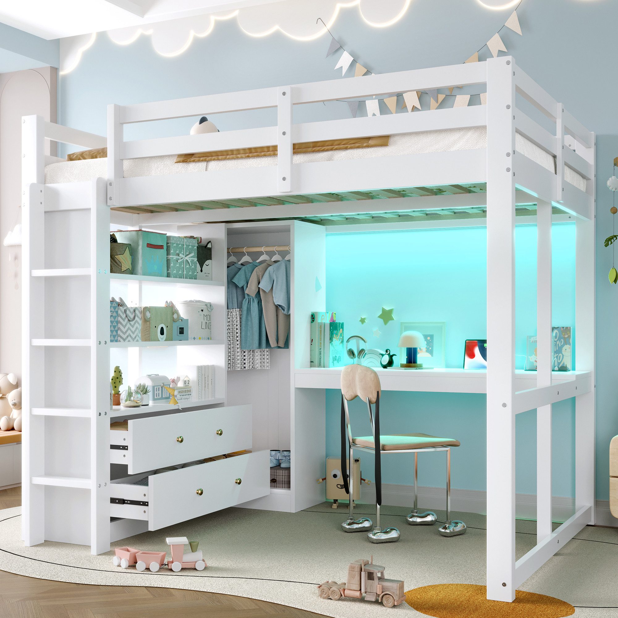 Flieks Hochbett Kinderbett 140x200cm mit 2 Schubladen, Schreibtisch, LED und Aufladen