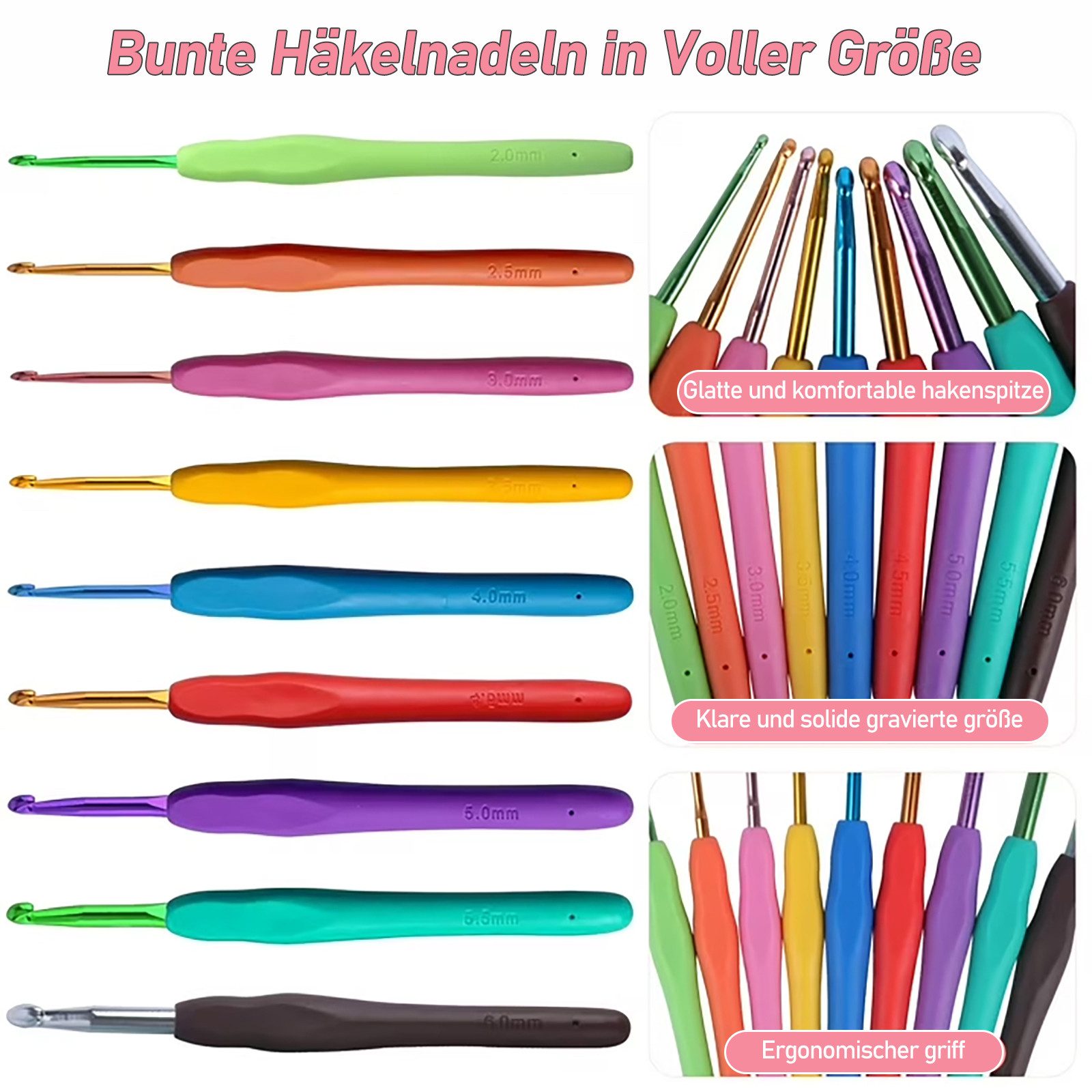 HUGERSTONE Häkelnadeln 70-teiliges Häkelset für Anfänger, Tragbar Häkelnadel Set mit Tasche, 70 St., Praktische Häkelnadeln Set mit Tasche, 6 Farben Garn und Zubehör, 0.6-6 mm Ergonomische Häkelnadeln, Für Fortgeschrittene geeignet