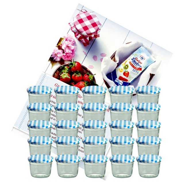 MamboCat Einmachglas 25er Set Sturzglas 230 ml Marmeladenglas Einmachglas Einweckglas To 82 blau karierter Deckel incl. Diamant-Zucker Gelierzauber Rezeptheft