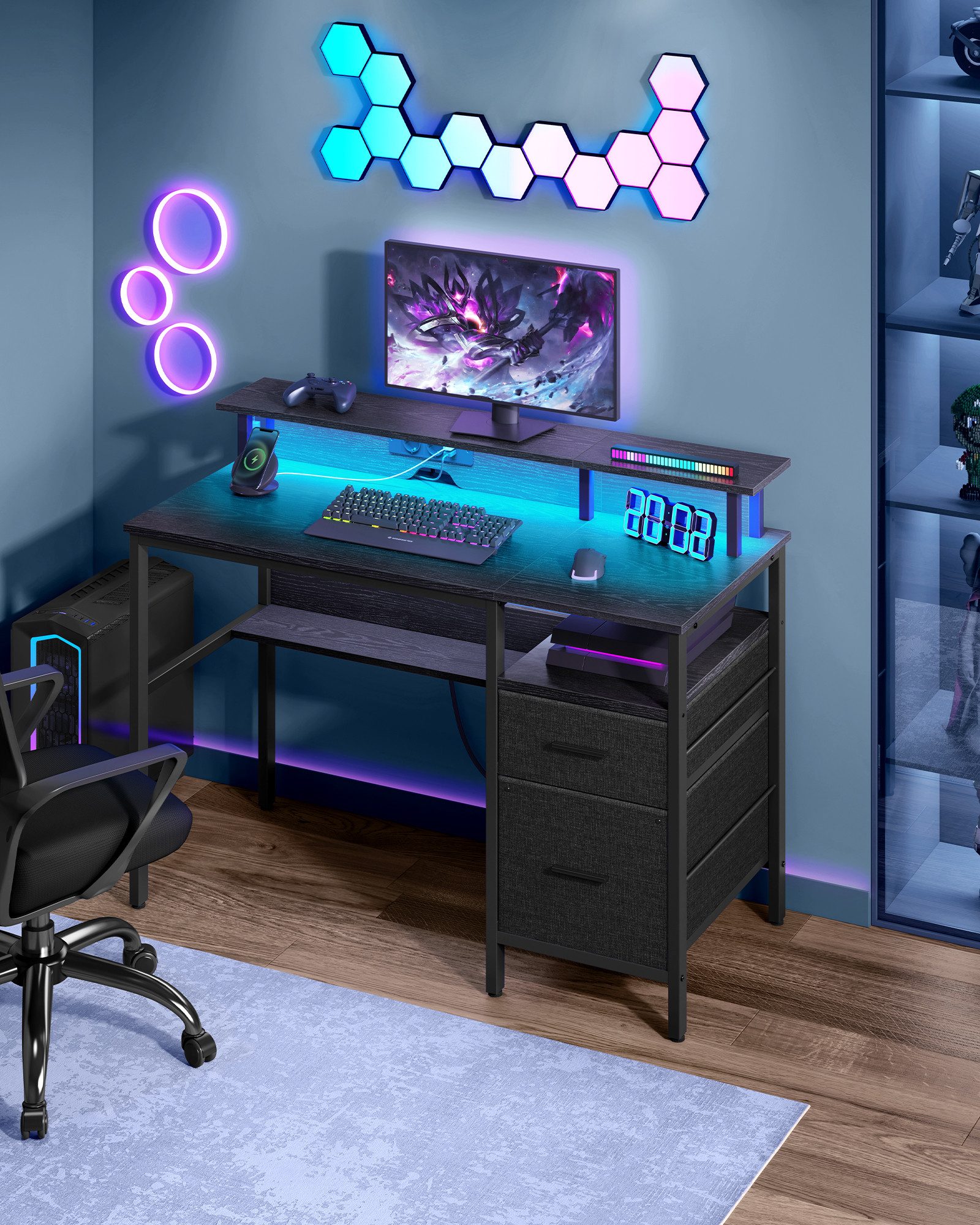 VASAGLE Schreibtisch Computertisch, mit LED-Beleuchtung, eingebaute Steckdo günstig online kaufen