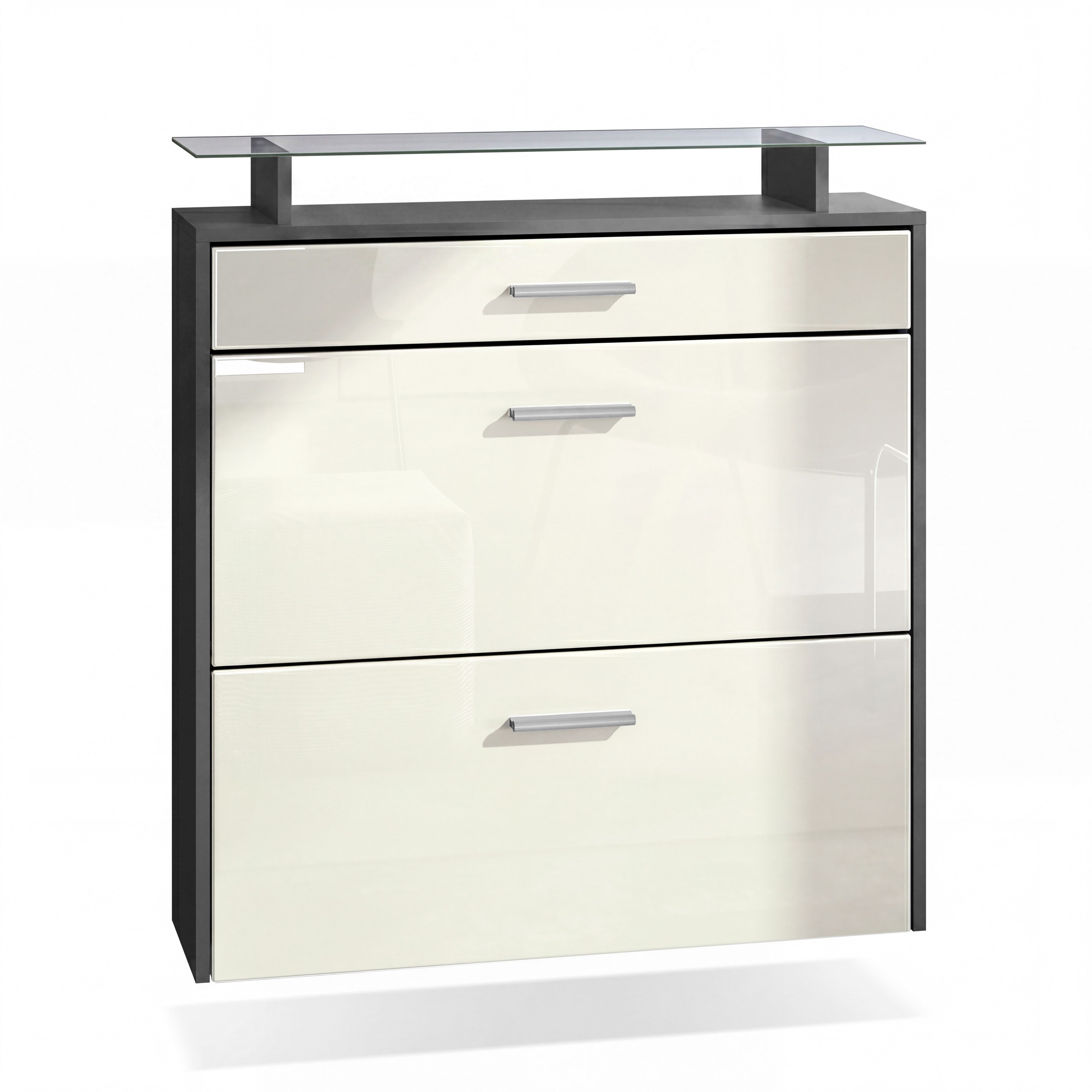 Vladon Schuhschrank Malea (hängender Schuhkipper für 16 Paar Schuhe, mit 2 Klappen und 1 Schublade und Glasablage) Anthrazit Matt/Creme Hochglanz (89 x 96 x 23 cm)