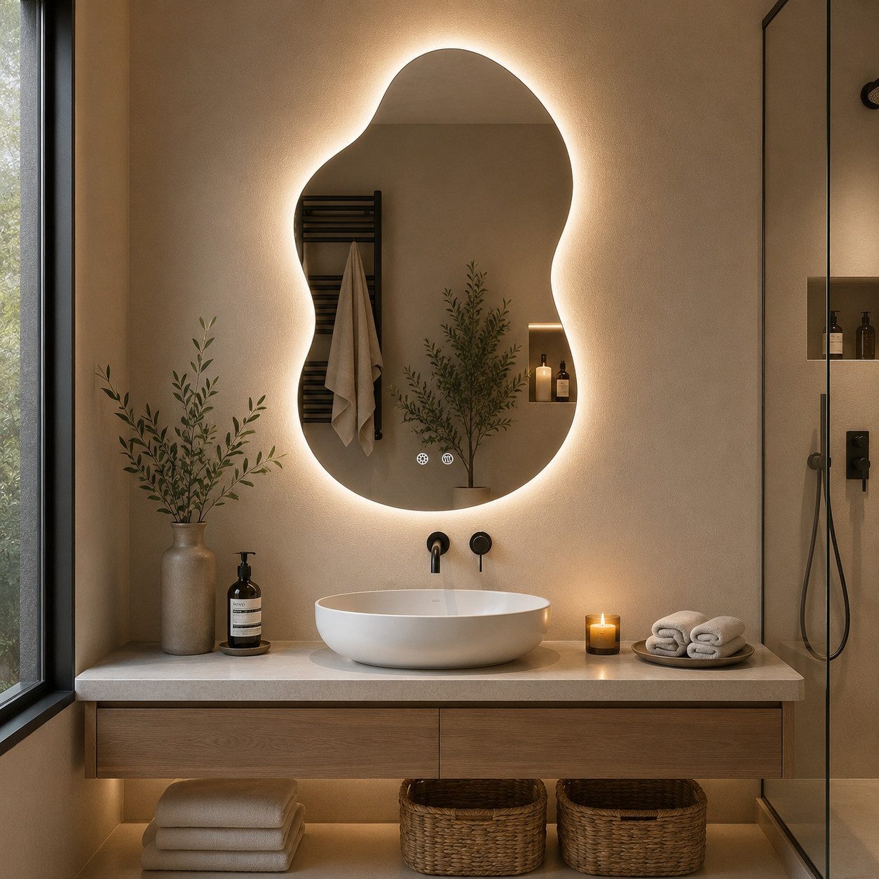 TLGREEN Badspiegel mit Beleuchtung,wandspiegel,Asymmetrisch Dekospiegel, (LED Spiegel mit 3 Lichtfarben dimmbar, gehärtetes Glas, Touch-Schalter, Memory-Funktion), beschlagfrei, moderner Badezimmerspiegel mit Licht