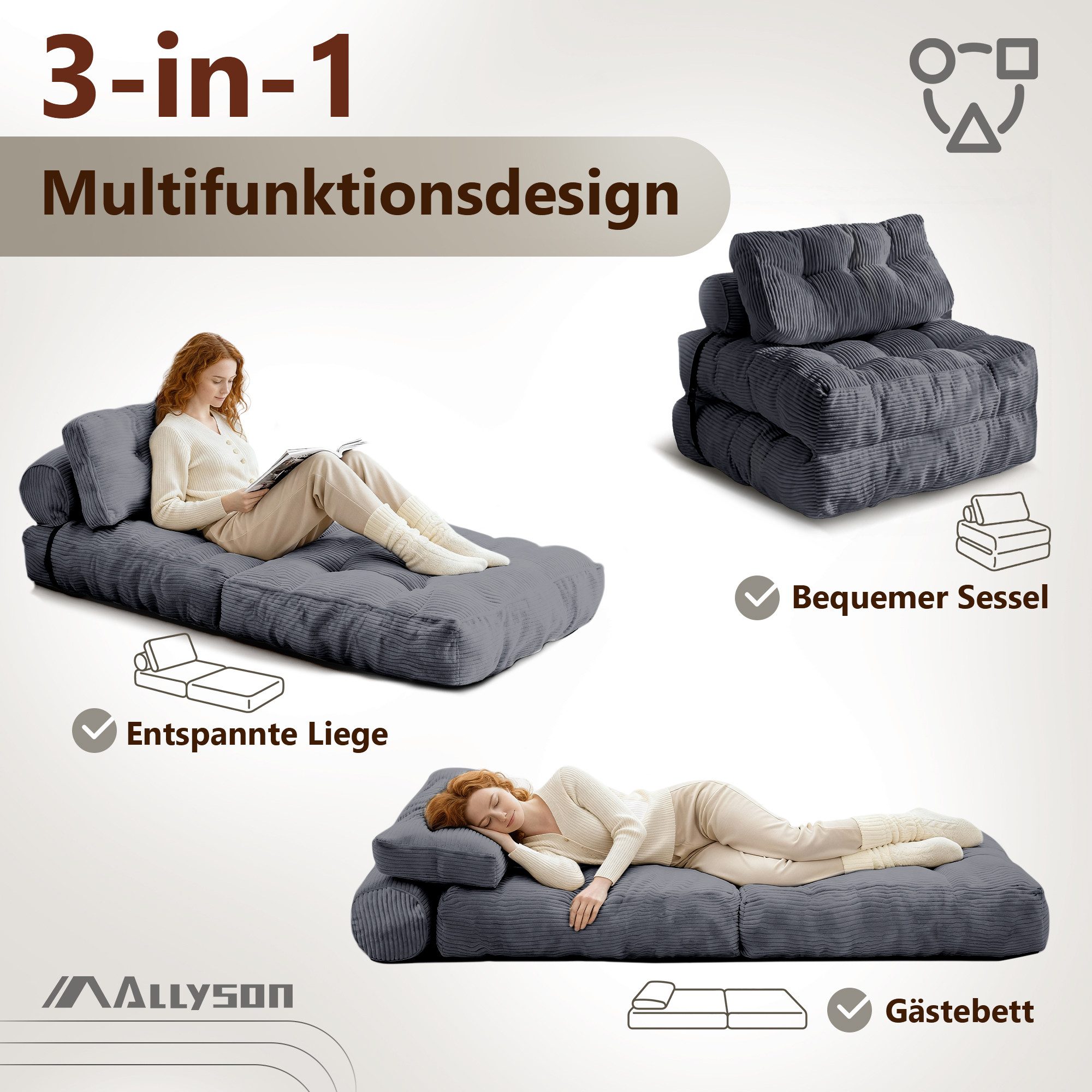 Allyson Schlafsofa Faltbarer Schlafsessel, Klappsessel 3 in 1 Bodensofa mit Rückenstütze, Weicher Cord-Bezug, ergonomische Kissen & bequeme Schaumstoff-Füllung.