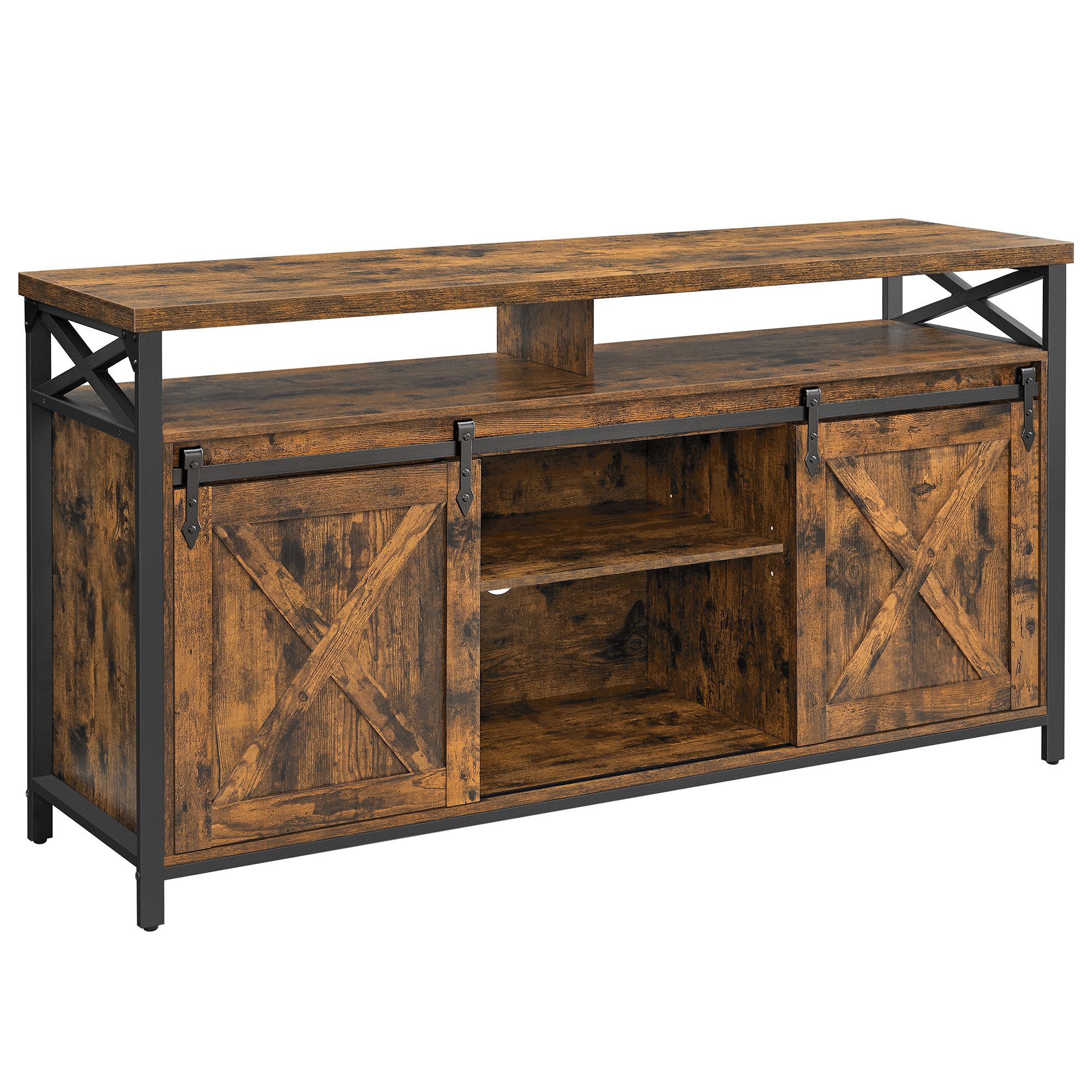 VASAGLE Lowboard TV-Schrank, Fernseher bis zu 65 Zoll, Landhausstil, 40 x 147 x 76 cm, mit verstellbaren Ablagen, Tür, Metallgestell, vintagebraun-schwarz