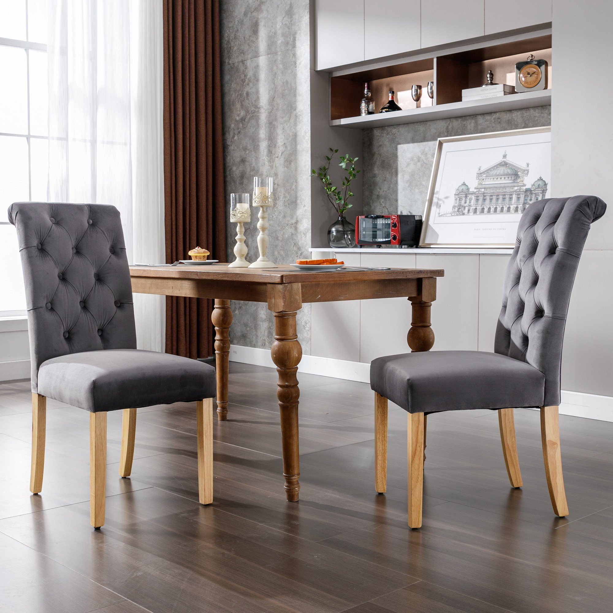 Flieks Esszimmerstuhl (2 St), 2er Set Polsterstuhl Wohnzimmerstuhl Samt mit Eichenbeine