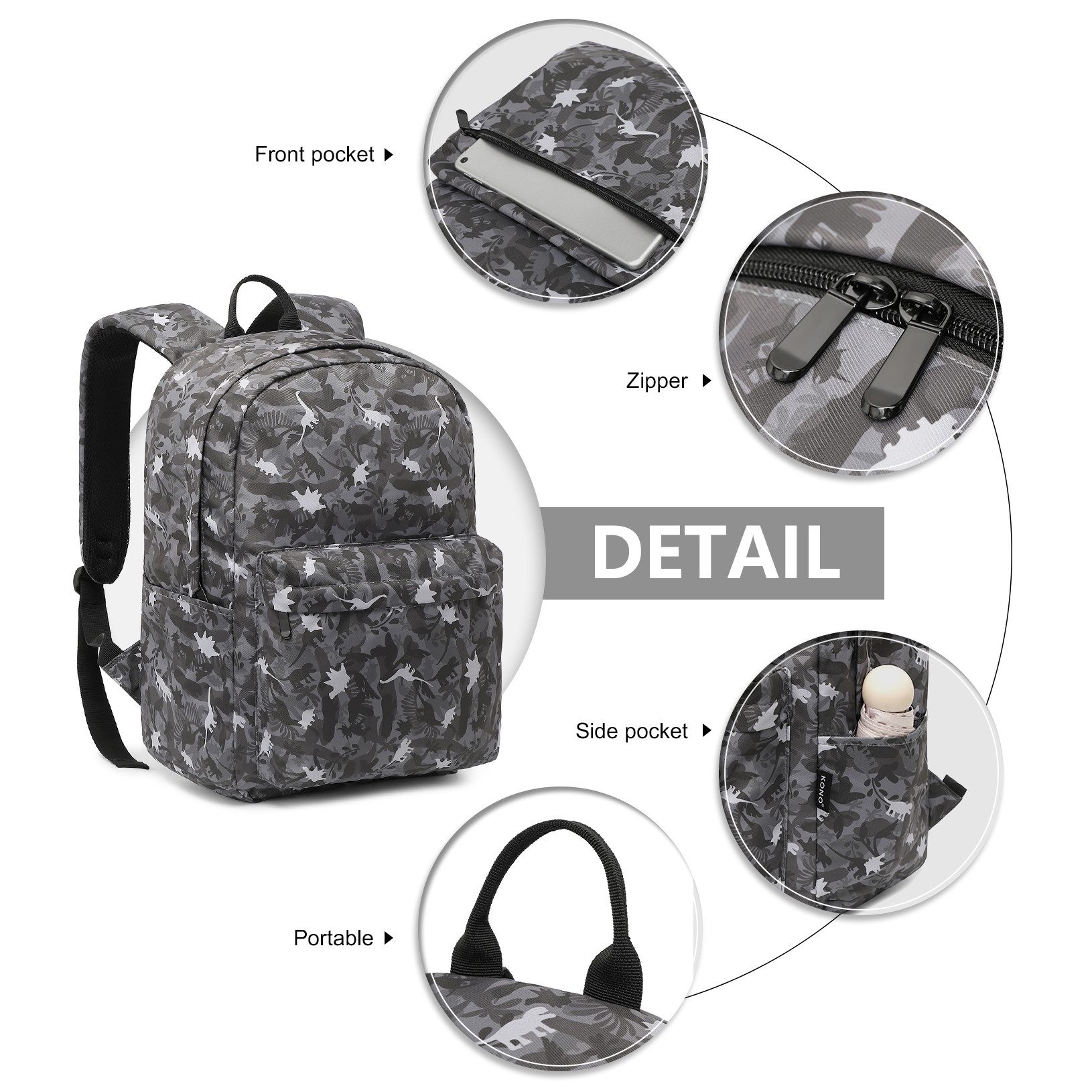 KONO Rucksack Schulrucksack, leichte Tasche für Jungen und Mädchen, 15,4 Zoll Laptop