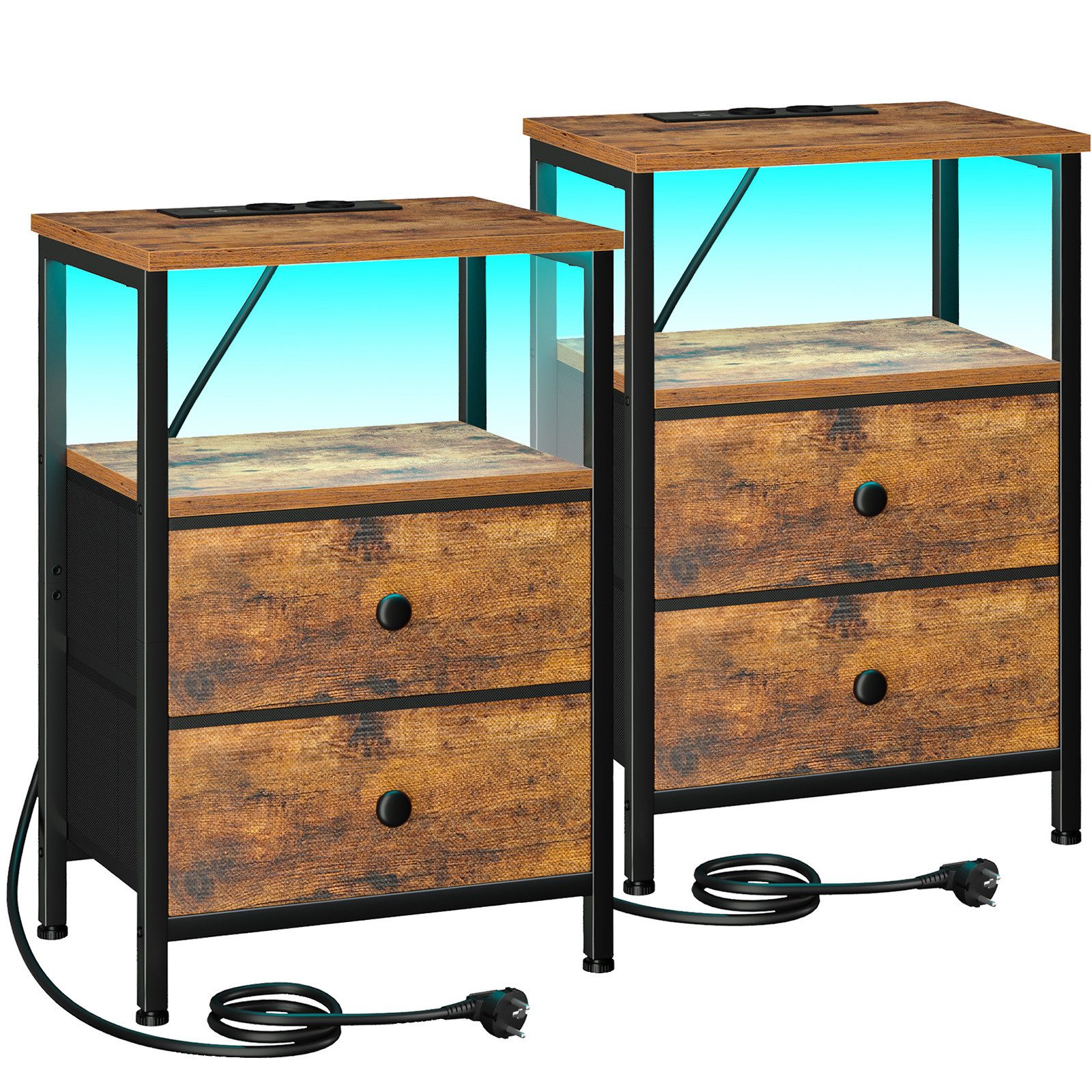 AMHANCIBLE Nachttisch 2er-Set mit integrierter Ladestation, LED-Beleuchtung & 2 Schubladen (2-St), multifunktionaler Beistelltisch mit offenem Fach, 40x30x60cm