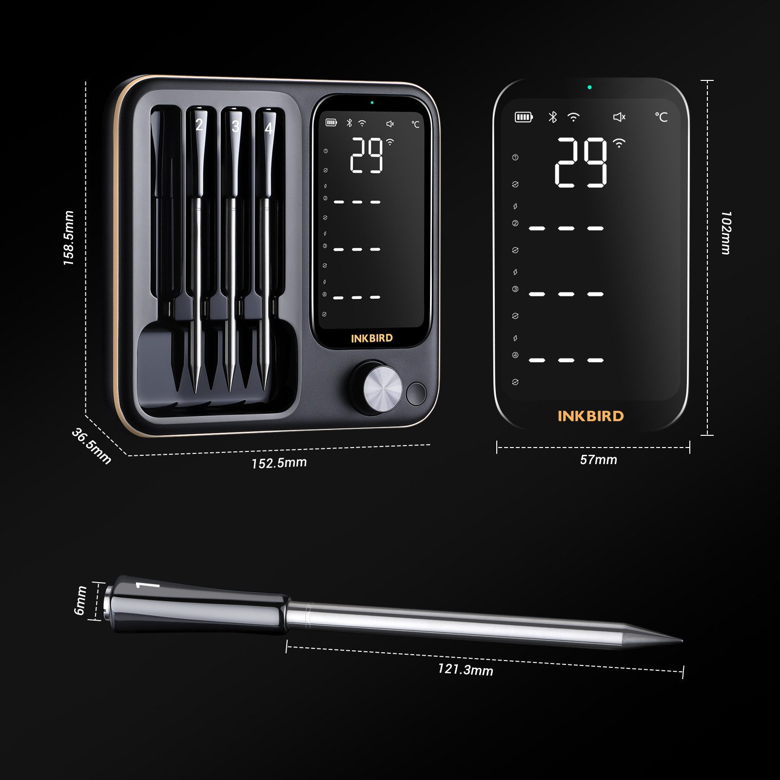 INKBIRD Grillthermometer Kabelloses Fleischthermometer für Ofen, Grill & Smoker, 3 Betriebsmodi, 4 kabellose Sonden, hohe Genauigkeit, IP67 wasserdicht
