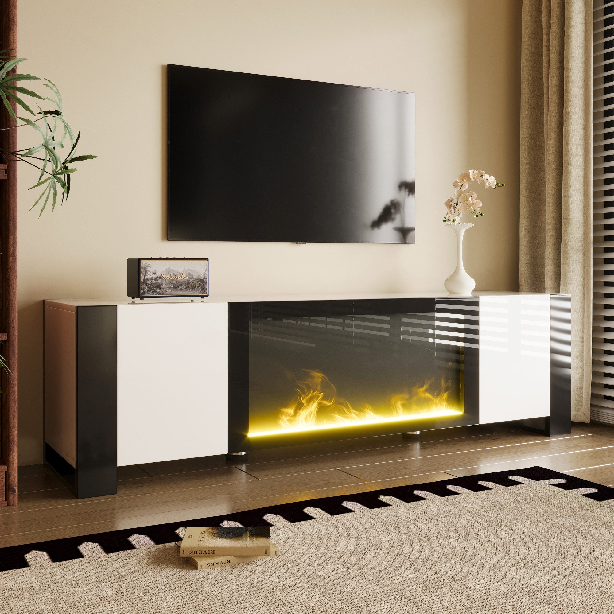 STILVORA Lowboard mit elektrischem Kamin Flammeneffekt,TV-Schrank TV-Regal mit Hochglanz (TV-Board,Wohnzimmermöbel, Hochglanz-TV-Ständer, Fernsehschrank, 1 St., Zwei Türen), Hochglanz (keine Heizfunktion)