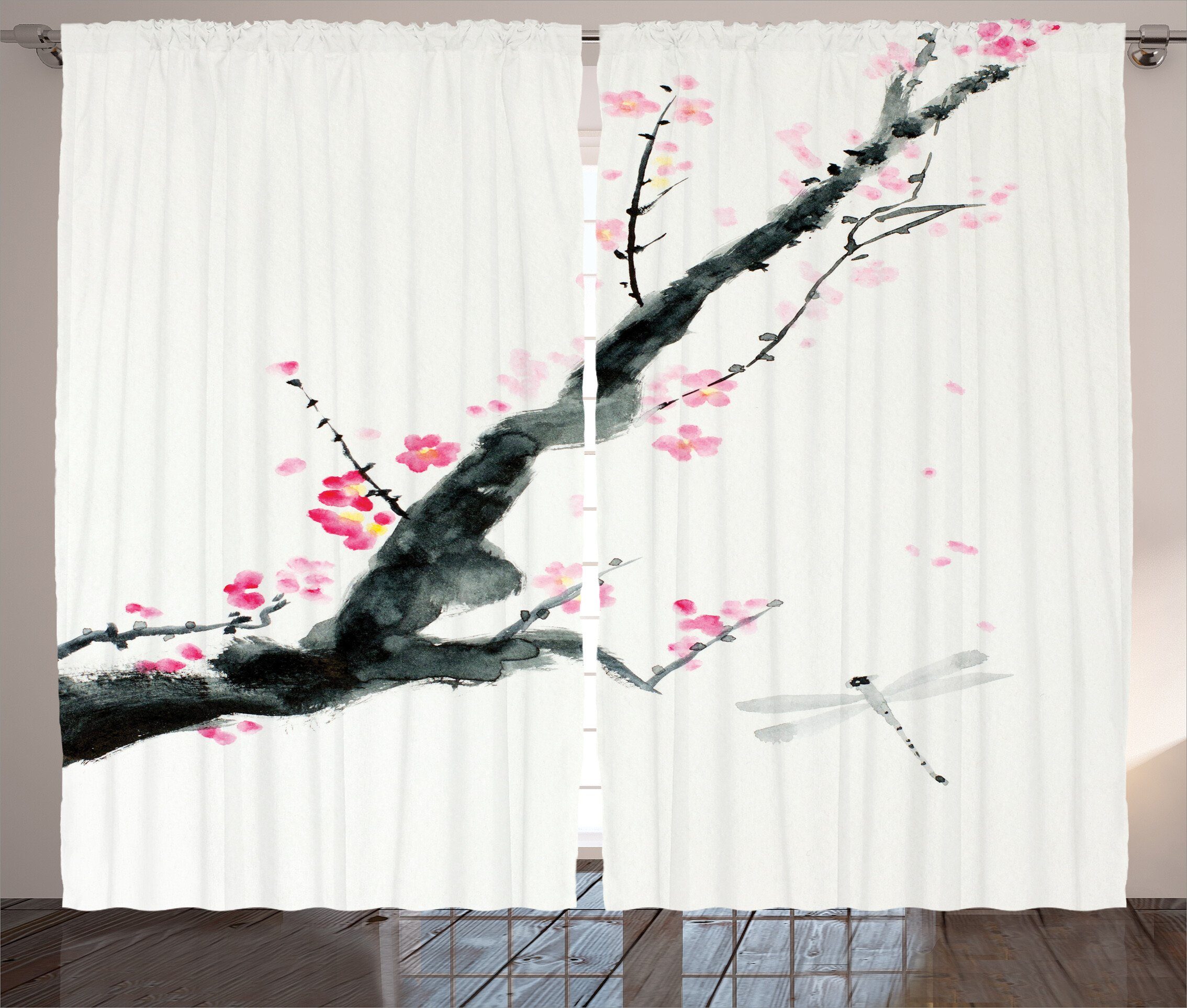 Gardine Schlafzimmer Kräuselband mit Sakura Haken, Vorhang Baum Kirsche Abakuhaus, Schlaufen Blume und