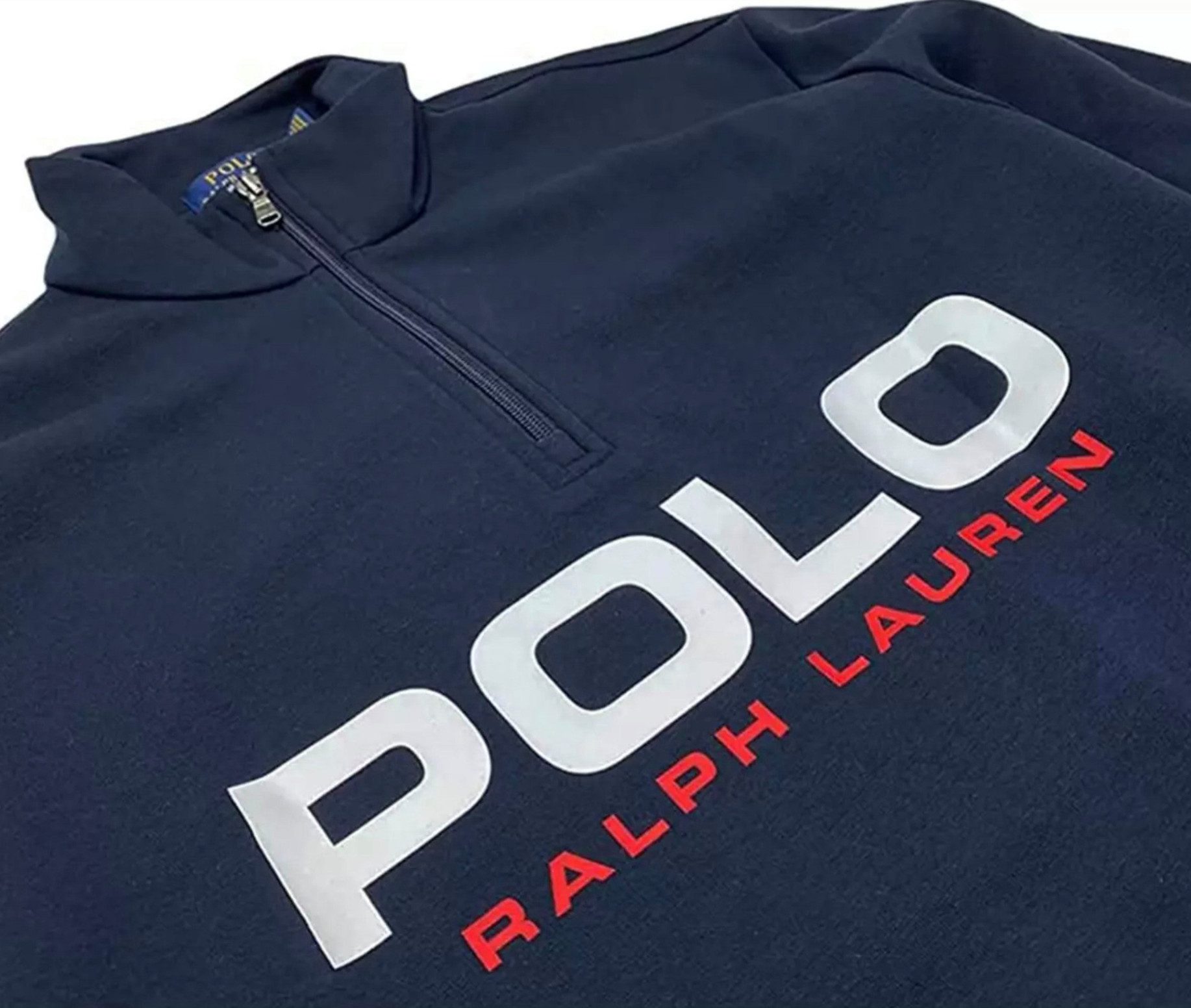 Polo Ralph Lauren Troyer Herren Archiv-Logo Double Knit Sweatshirt Retro Mock Pullover 90er Jahre Archiv-Logo Retro College Oldschool