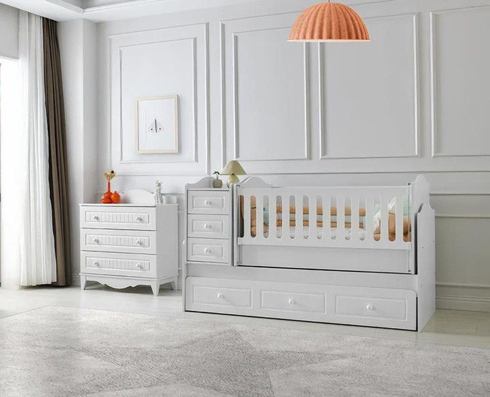 Xlmoebel Babybett XLMOEBEL Bett mit Kommode aus Holz in Weiß, moderner Stauraum, Made in Europa