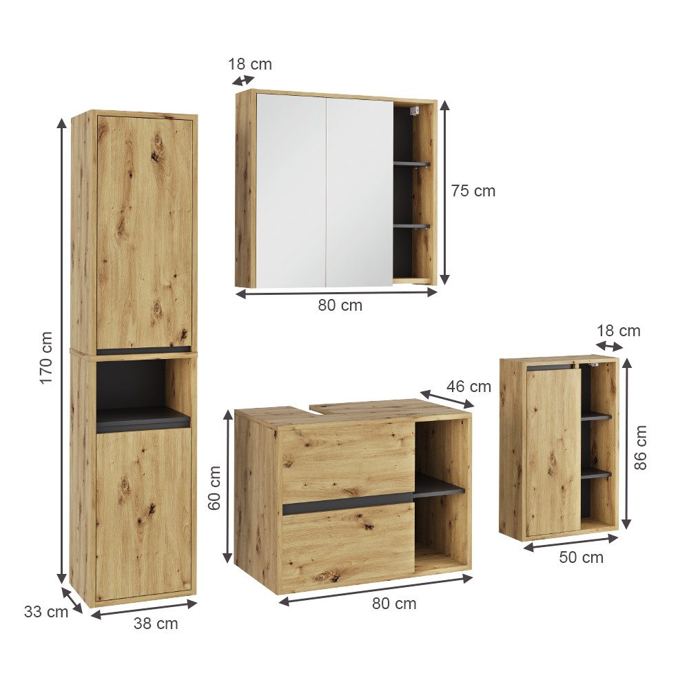 Vicco Badmöbel-Set Viola, Artisan/Grau, 4 Teile, günstig online kaufen