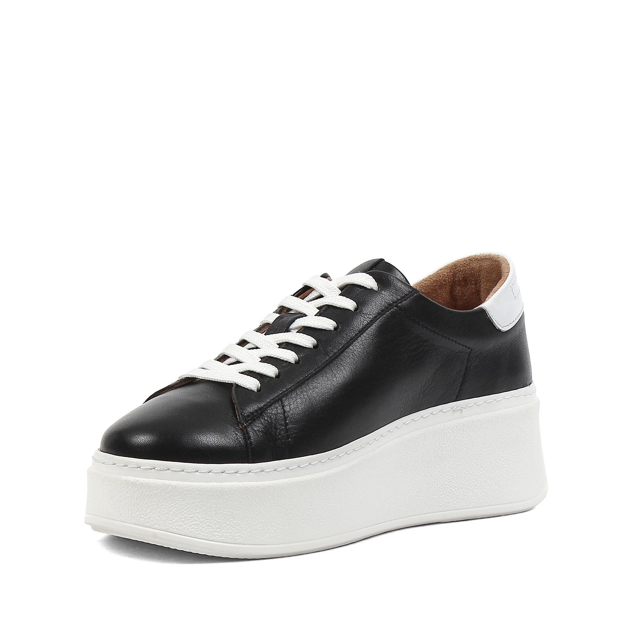 Celal Gültekin Plateau Sneaker Keilabsatz Weißer Absatz Low-Top Damen Keilsneaker Glattleder, Echtleder-Futter & Decksohle, Schwarz, 38
